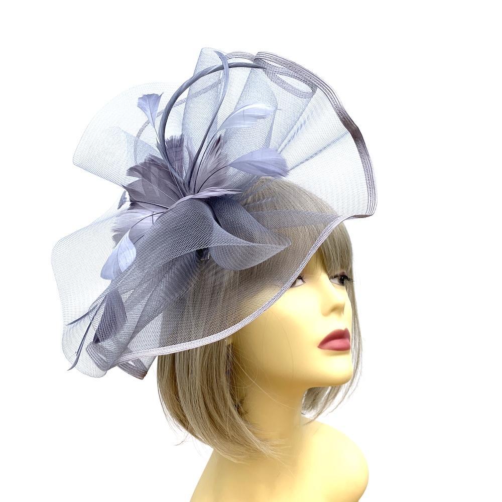 Silver Grey Large Fascinator with Ruched Crinoline & Flower-Fascinators Direct