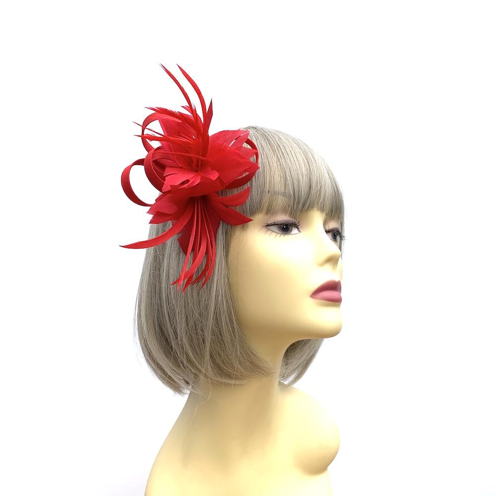 Small Red Fascinator Clip with Feathers & Satin Loops-Fascinators Direct