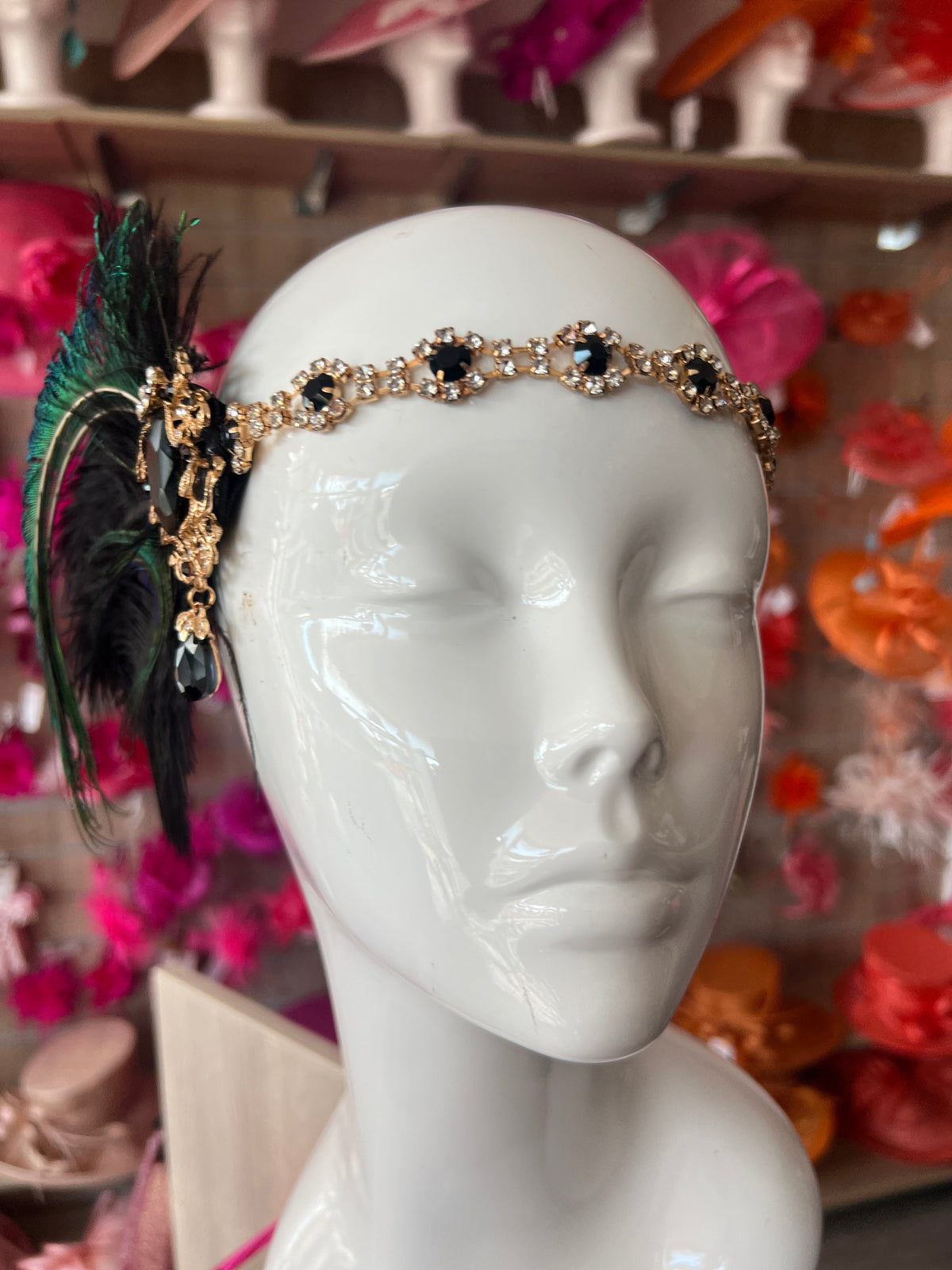 Vintage Jewelled Peacock Feather Fascinator Hat-Black