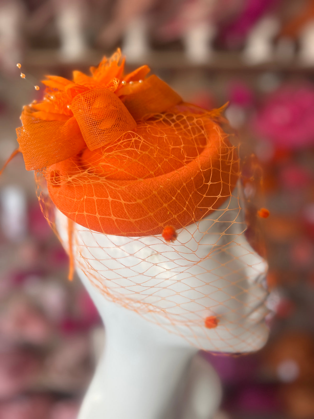 Orange  PillBox Hat Fascinator With Flower &amp; Veil
