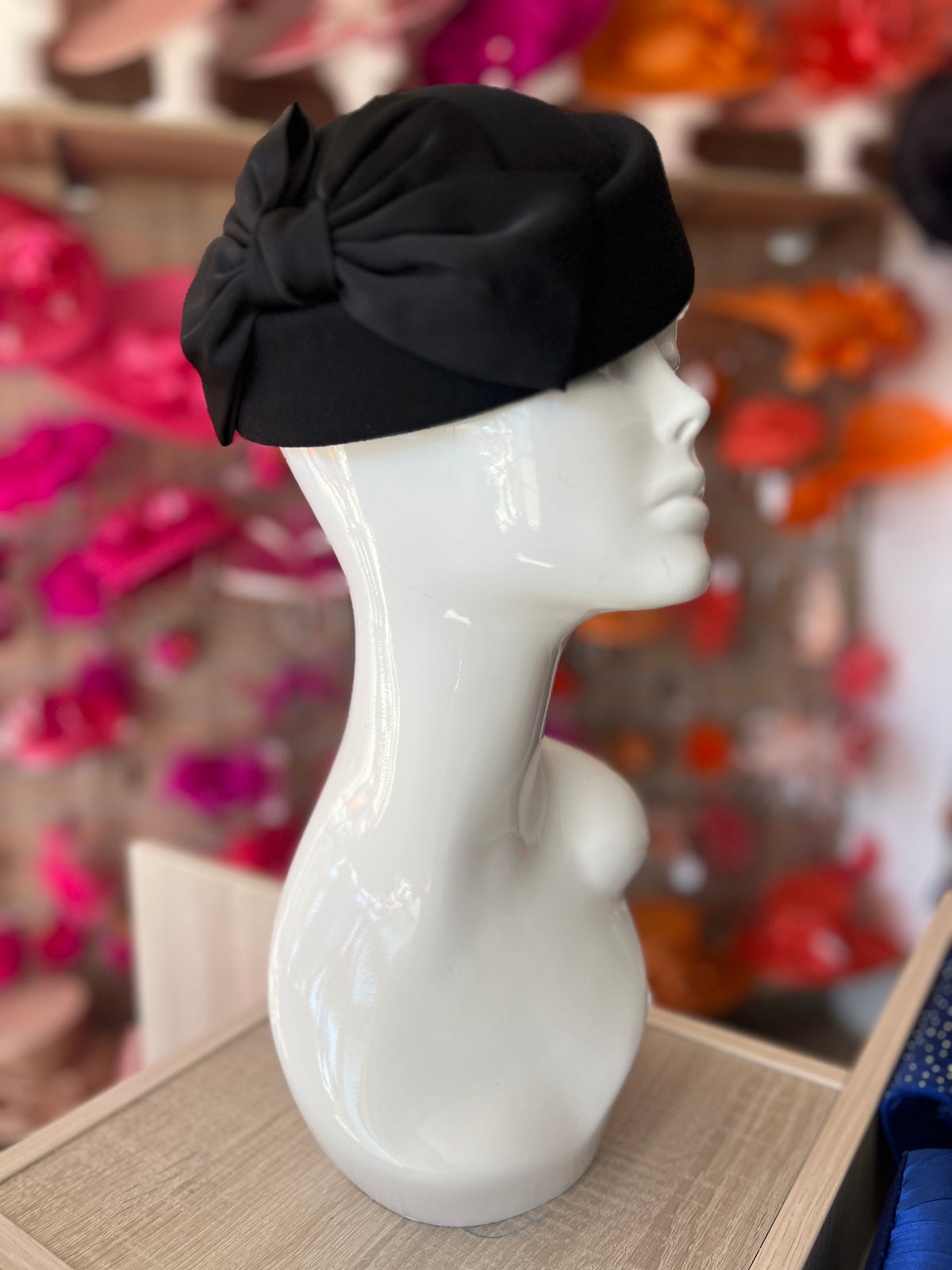 Vintage Black Felt Pillbox Hat Fascinator With Satin Bow