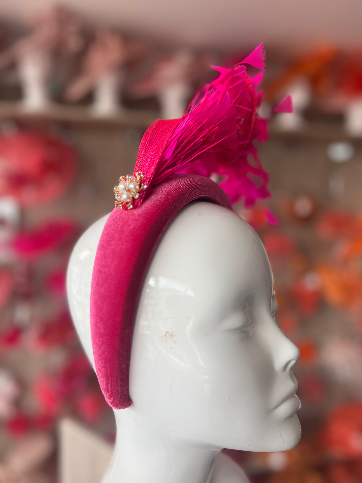 Fuchsia Feather Velvet Padded Headband Fascinator With Diamante &amp; Pearl Cluster