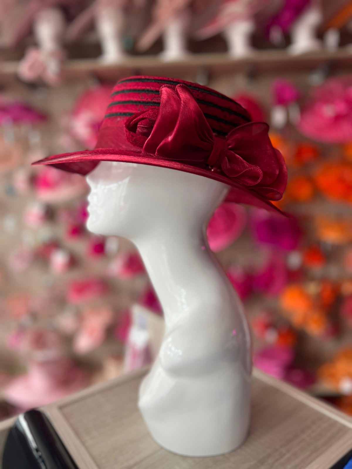 Dark Red Crinoline Hat With Chiffon Bow &amp; Beads