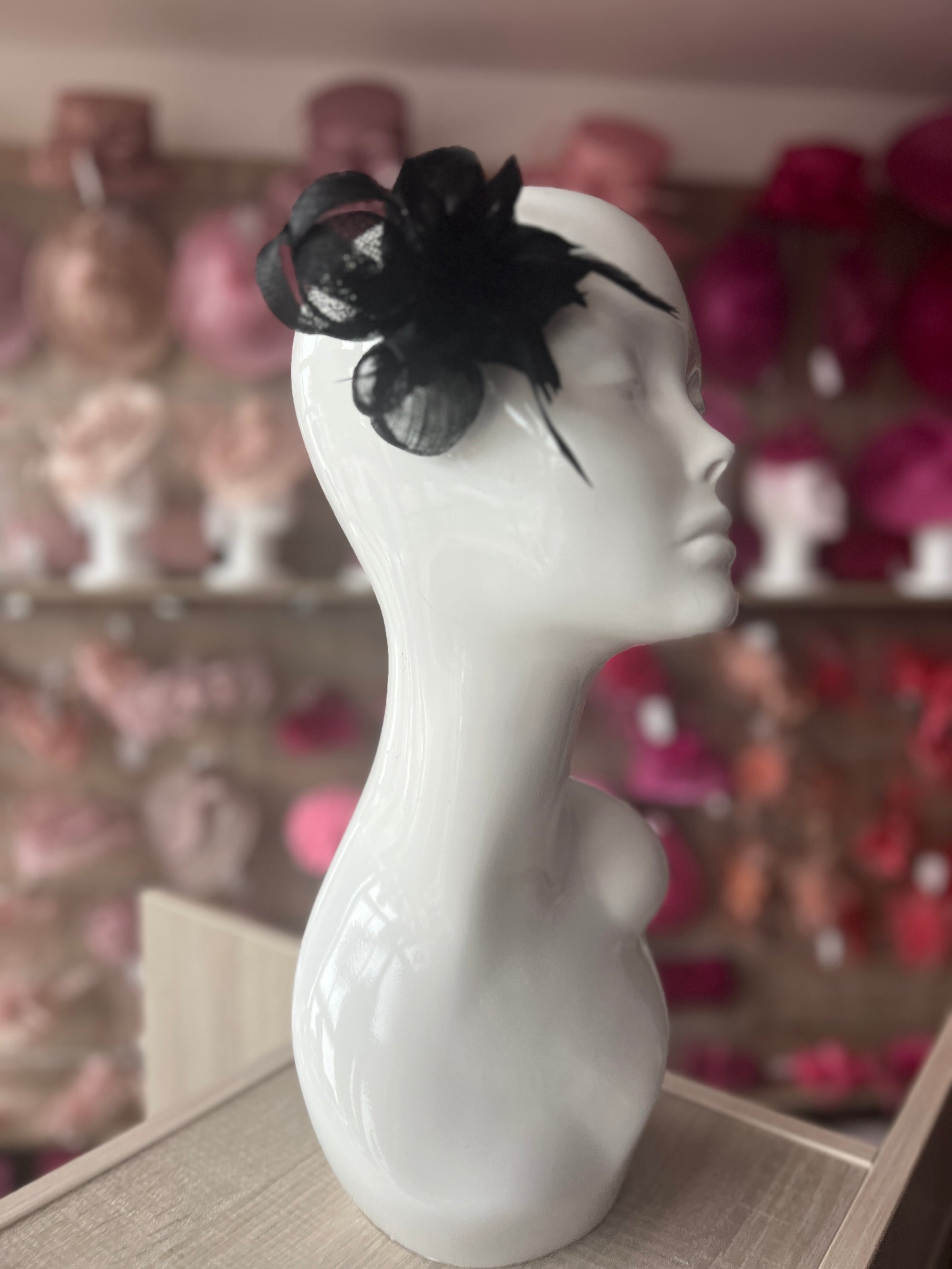 Small Black Fascinator Clip with Feathers & Sinamay Leaves