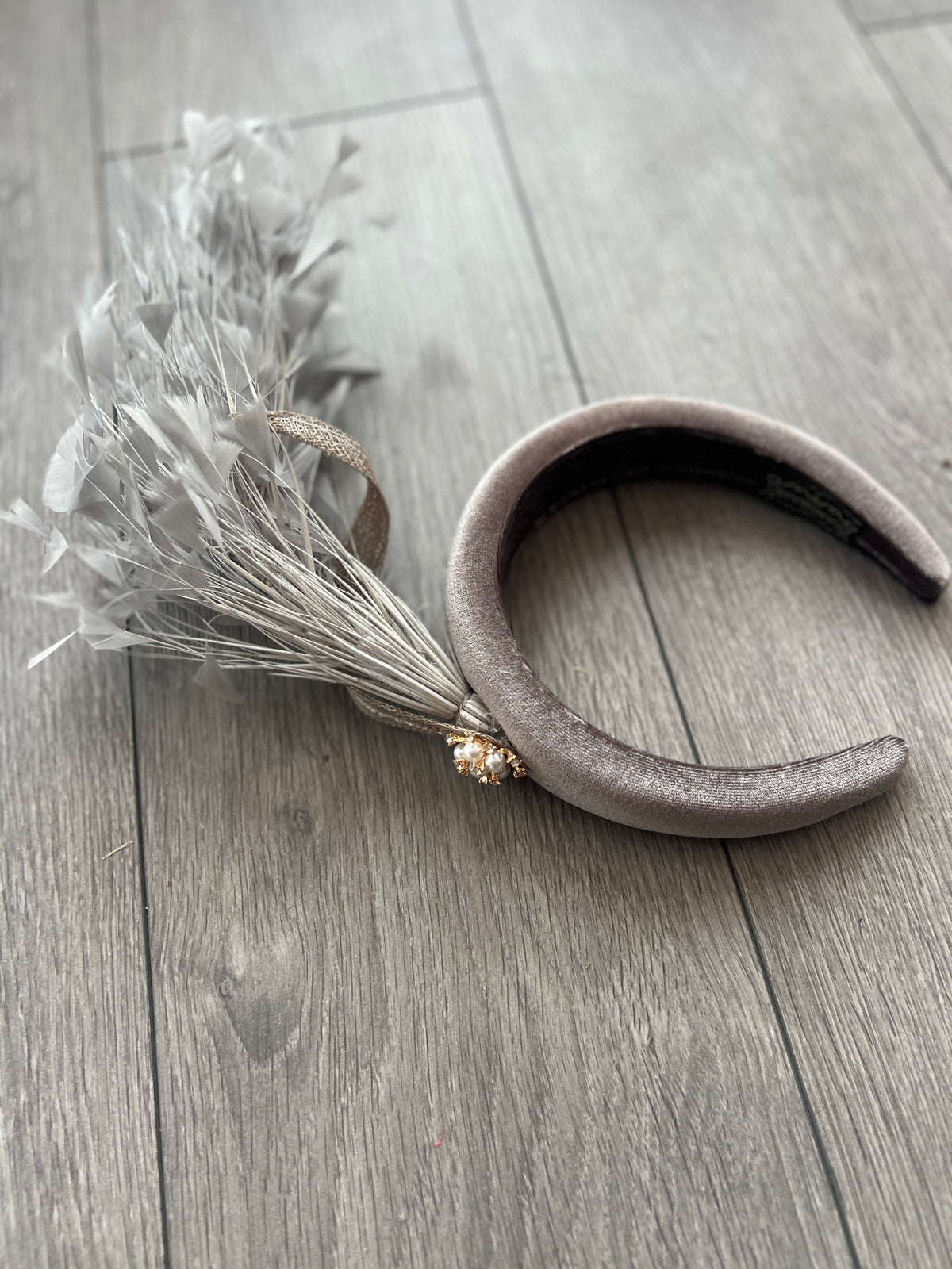 Grey Feather Velvet Padded Headband Fascinator With Diamante &amp; Pearl Cluster