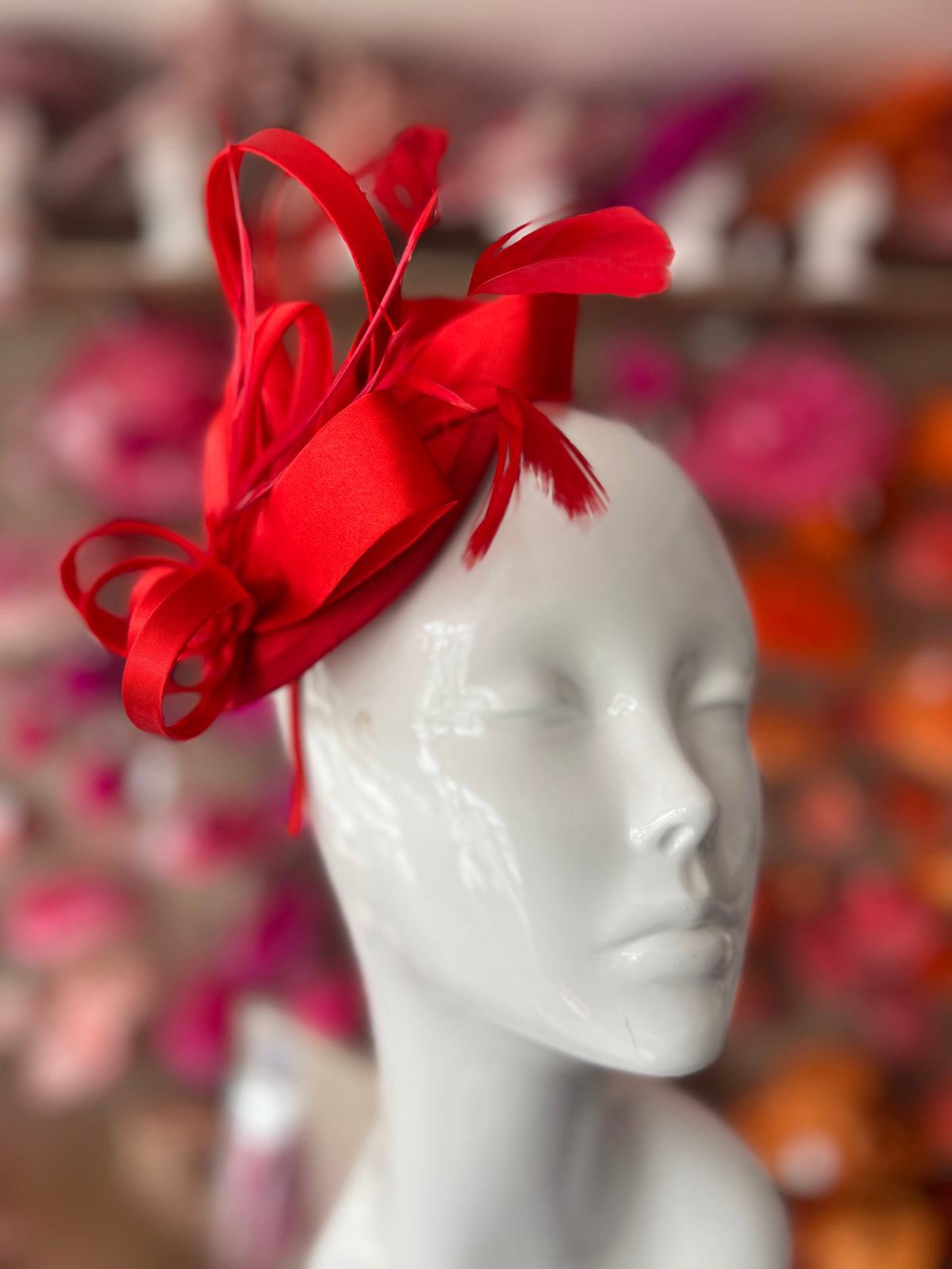 Red Fascinator Headband With Looped Satin &amp; Feathers