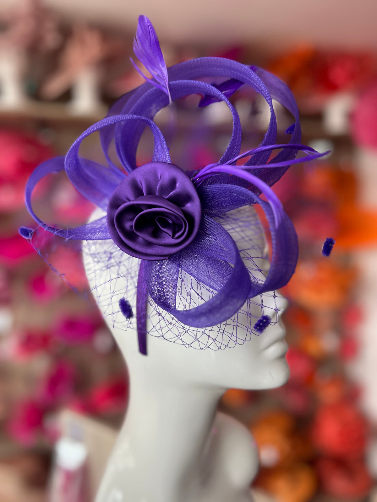 Purple Flower Fascinator With Netting &amp; Feathers