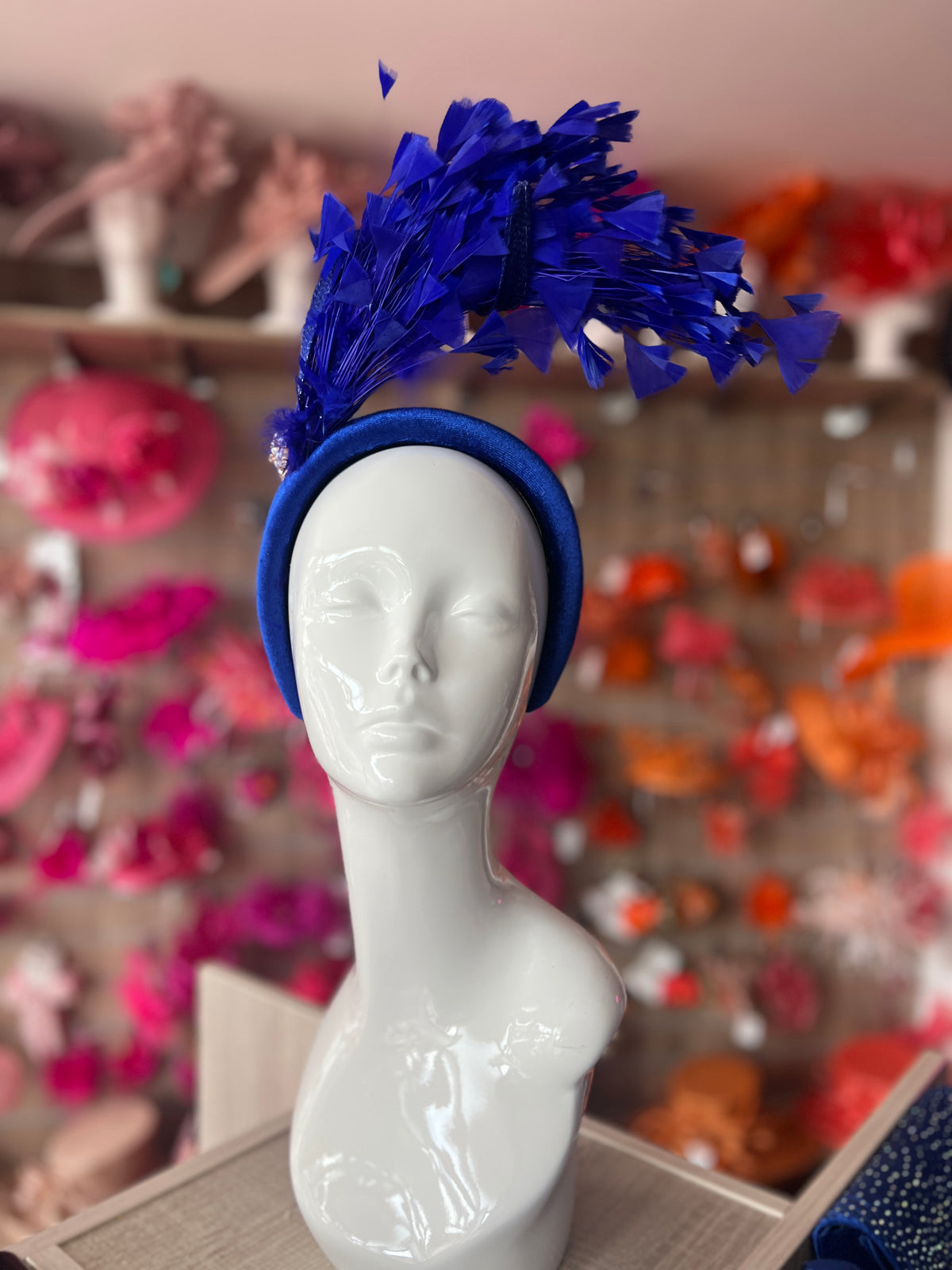 Royal Blue Feather Velvet Padded Headband Fascinator With Diamante &amp; Pearl Cluster
