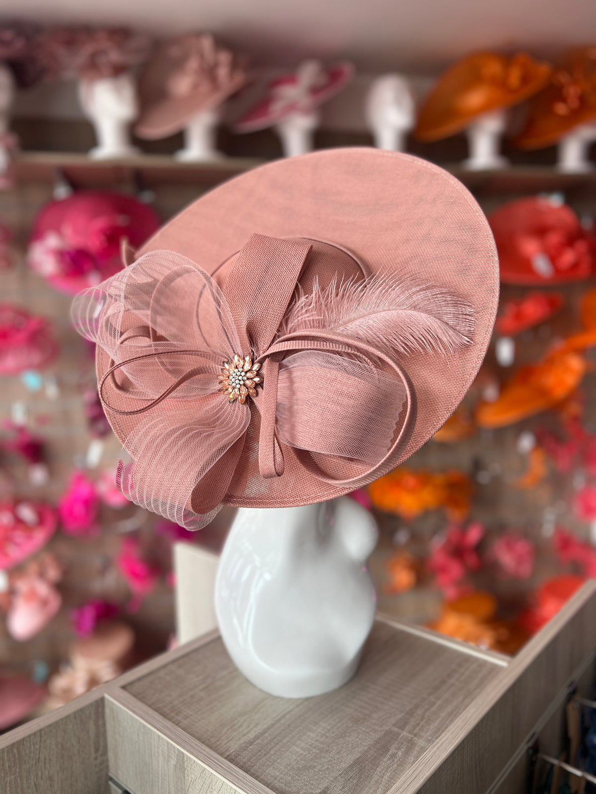 Dusky Pink Saucer Hatinator With Feather &amp; Loops