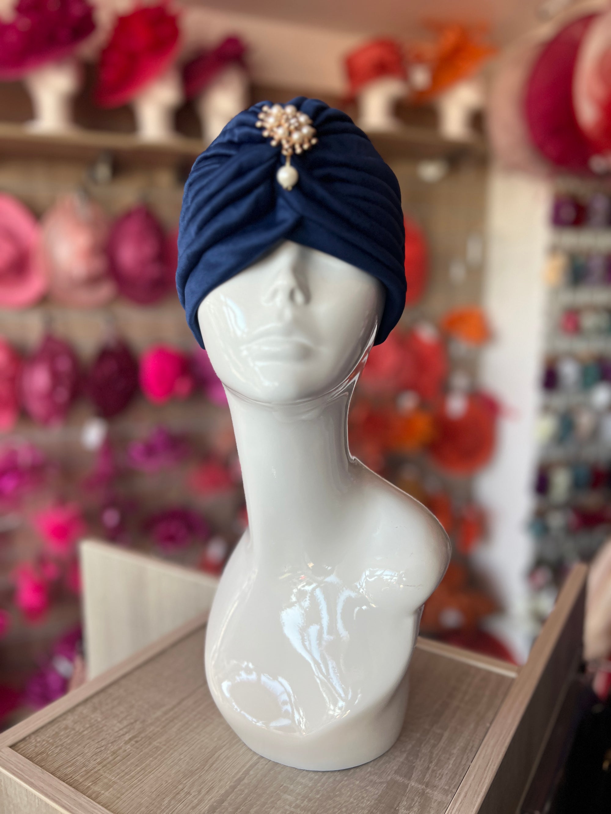 Navy Turban Hat With Diamante & Pearl Embellishment