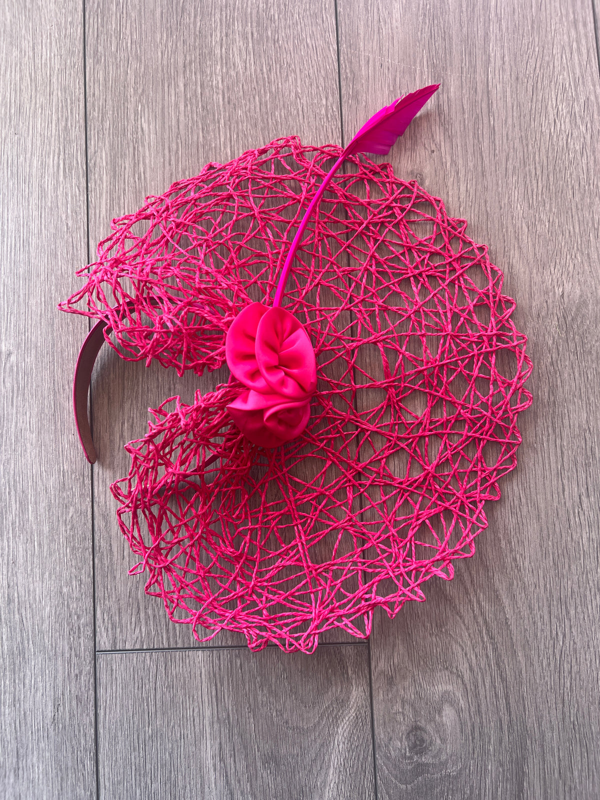 Fuchsia Pink Lattice Saucer Fascinator With Satin Flower &amp; Feather Quill