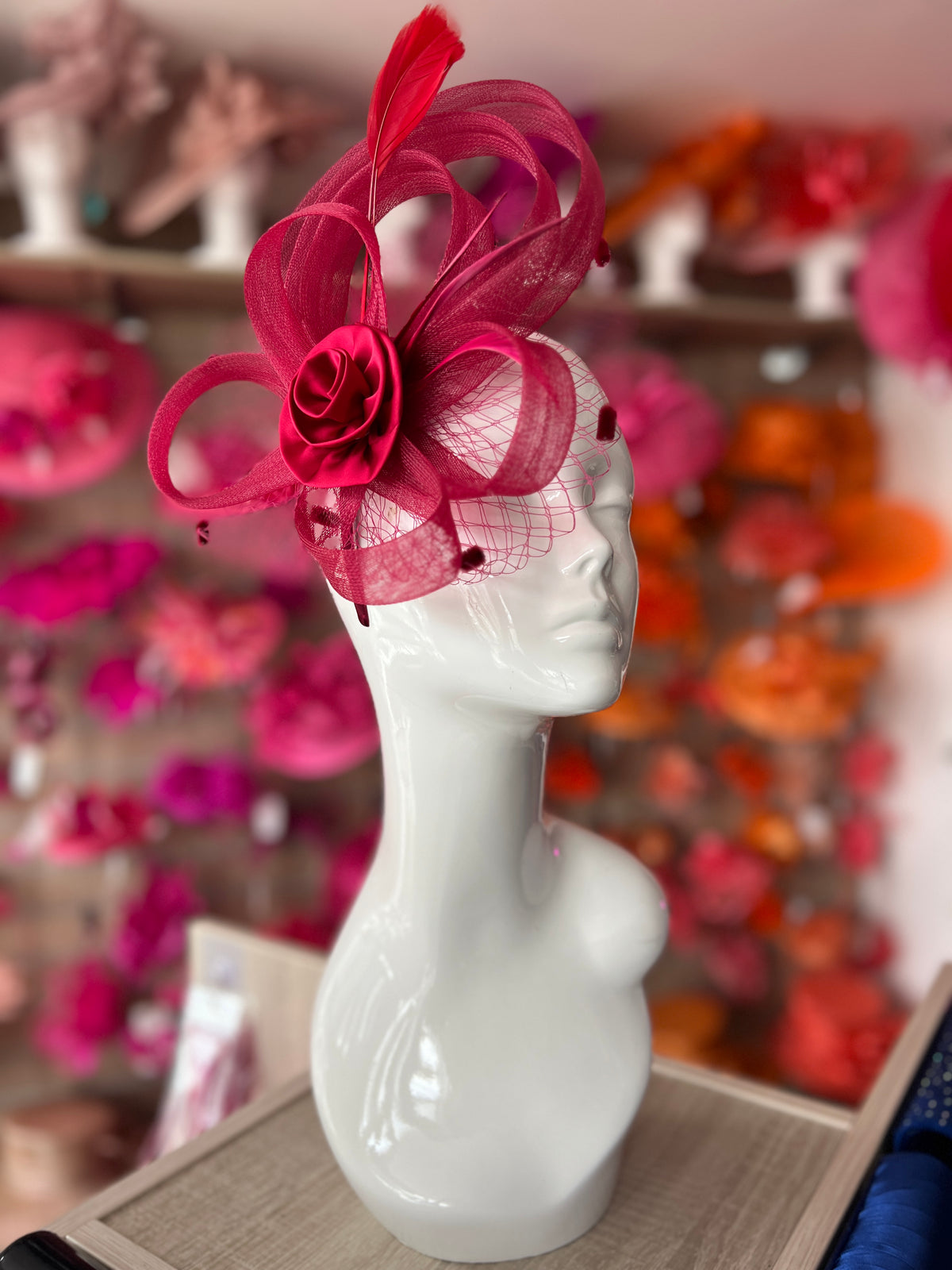 Burgundy Flower Fascinator With Netting &amp; Feathers