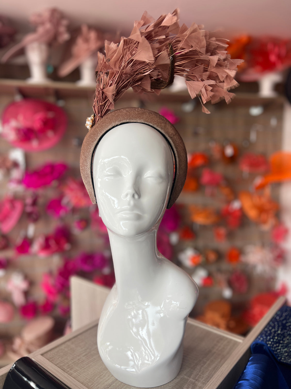 Brown Feather Velvet Padded Headband Fascinator With Diamante &amp; Pearl Cluster