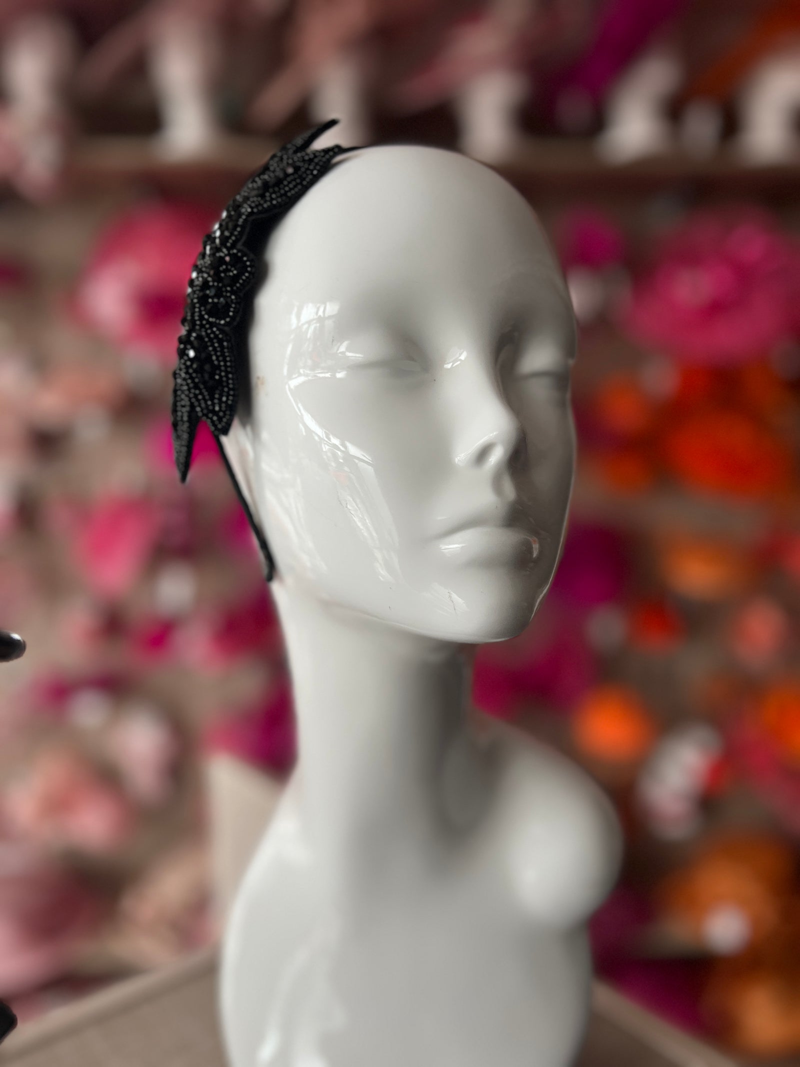 Vintage 1920's Black Flower & Leaf Beaded Headband