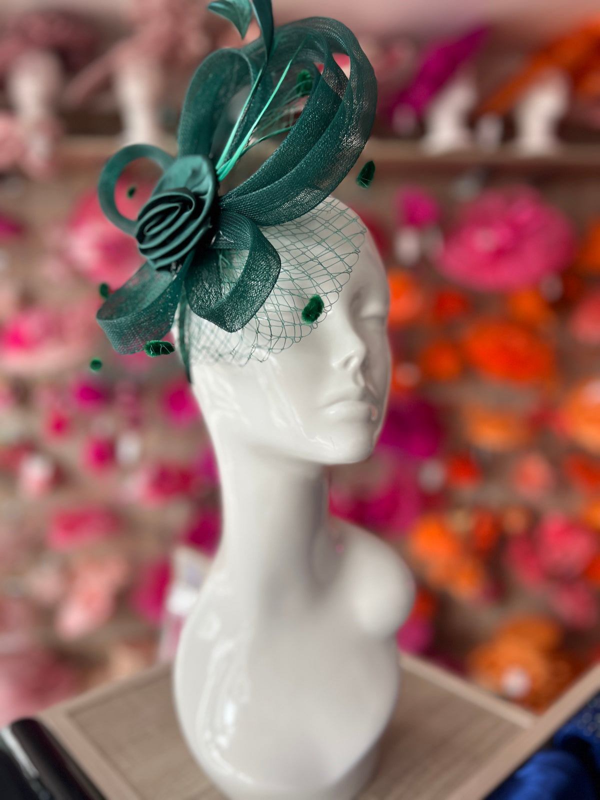 Bottle Green Flower Fascinator With Netting &amp; Feathers