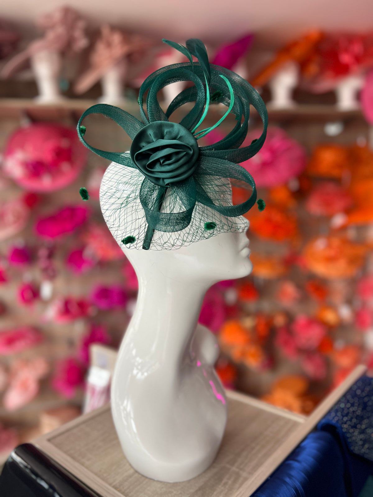 Bottle Green Flower Fascinator With Netting &amp; Feathers