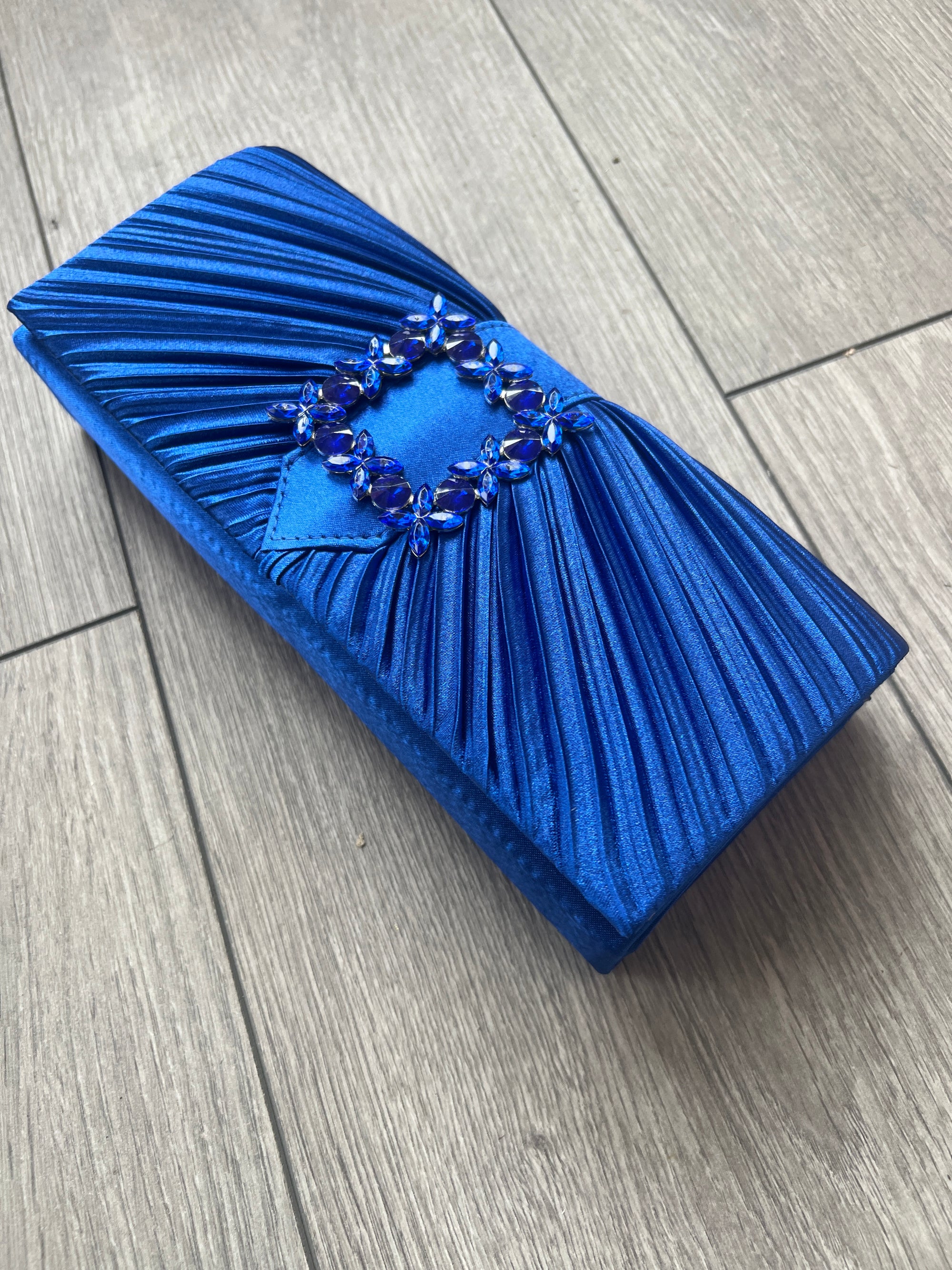Cobalt Blue Satin Pleated Clutch Bag With Jewel Embellishment