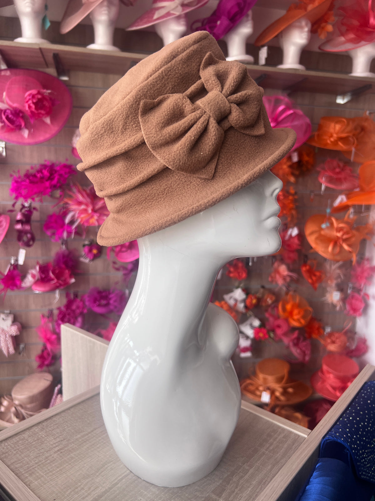Camel Winter Cloche Beanie Hat With Bow Detail