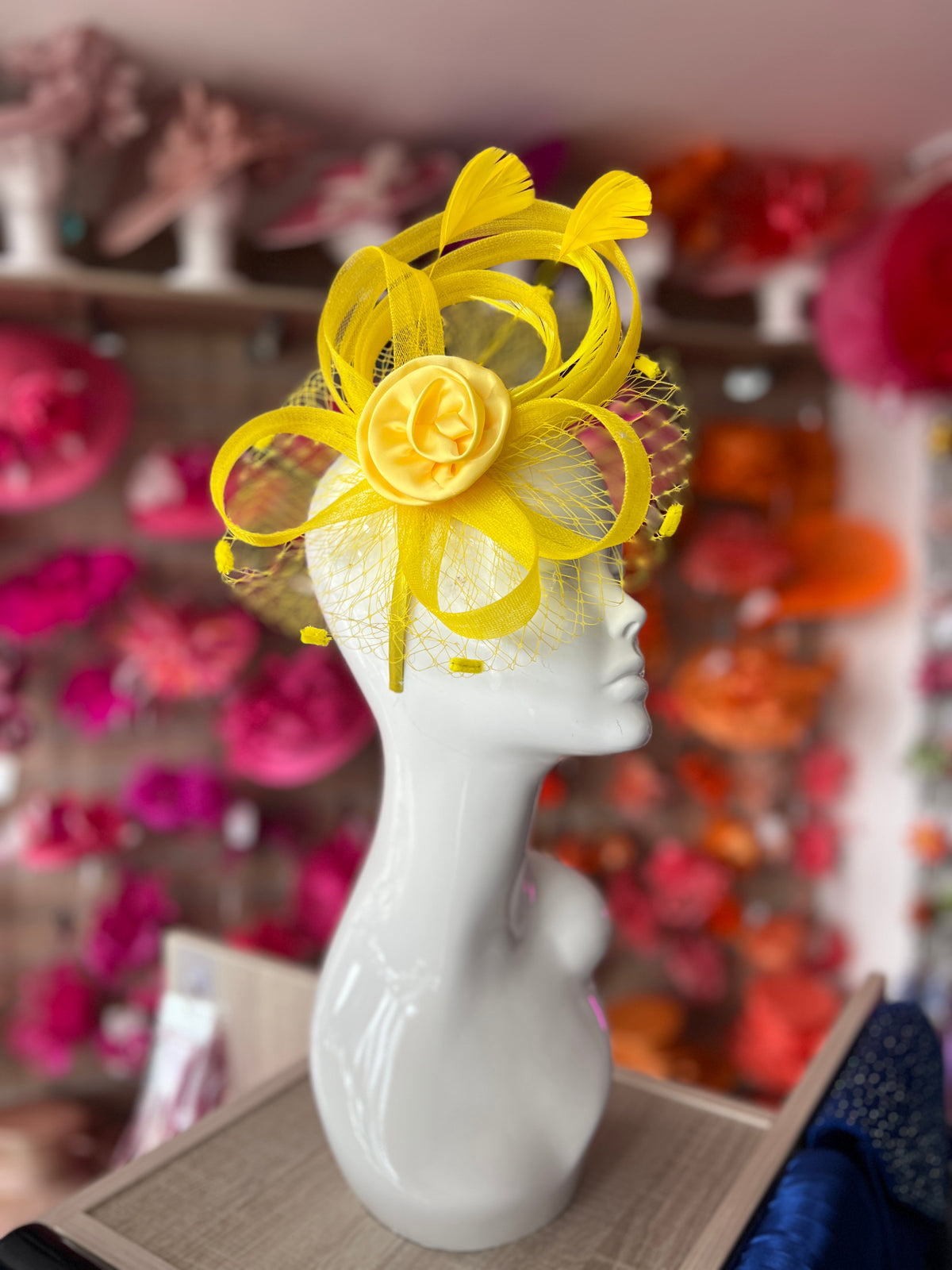 Yellow Flower Fascinator With Netting &amp; Feathers