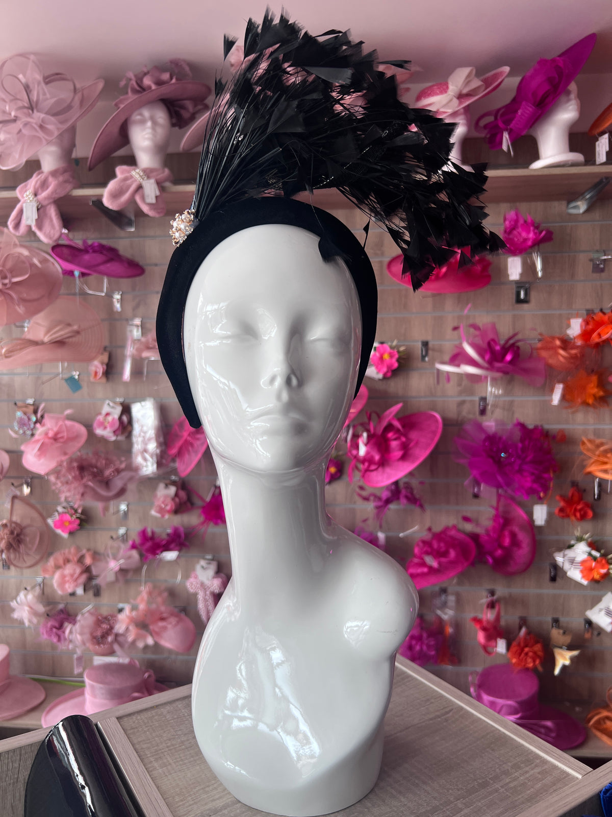 Black Feather Velvet Padded Headband Fascinator With Diamante &amp; Pearl Cluster