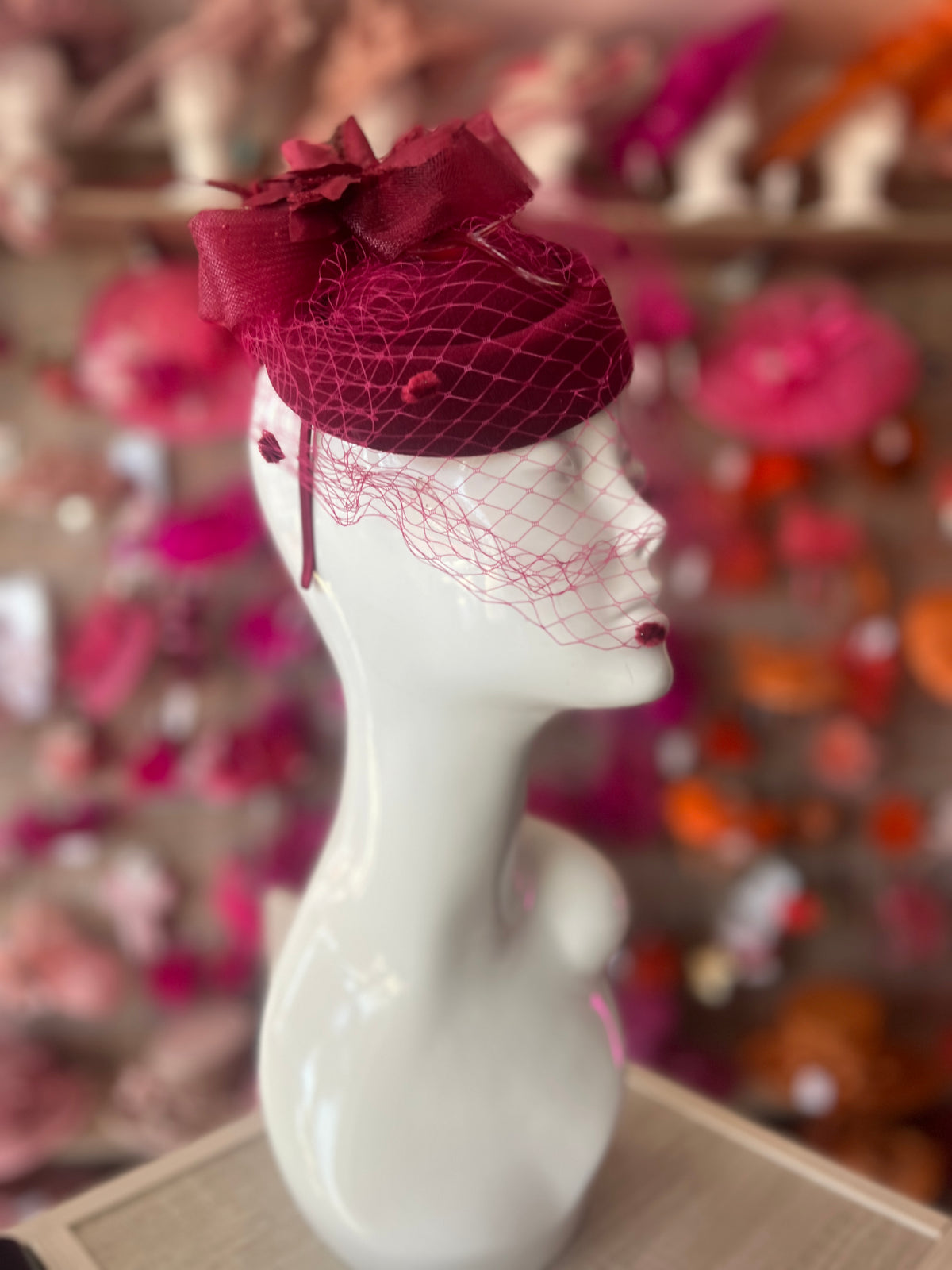 Burgundy Pillbox Hat Fascinator With Flower &amp; Veil