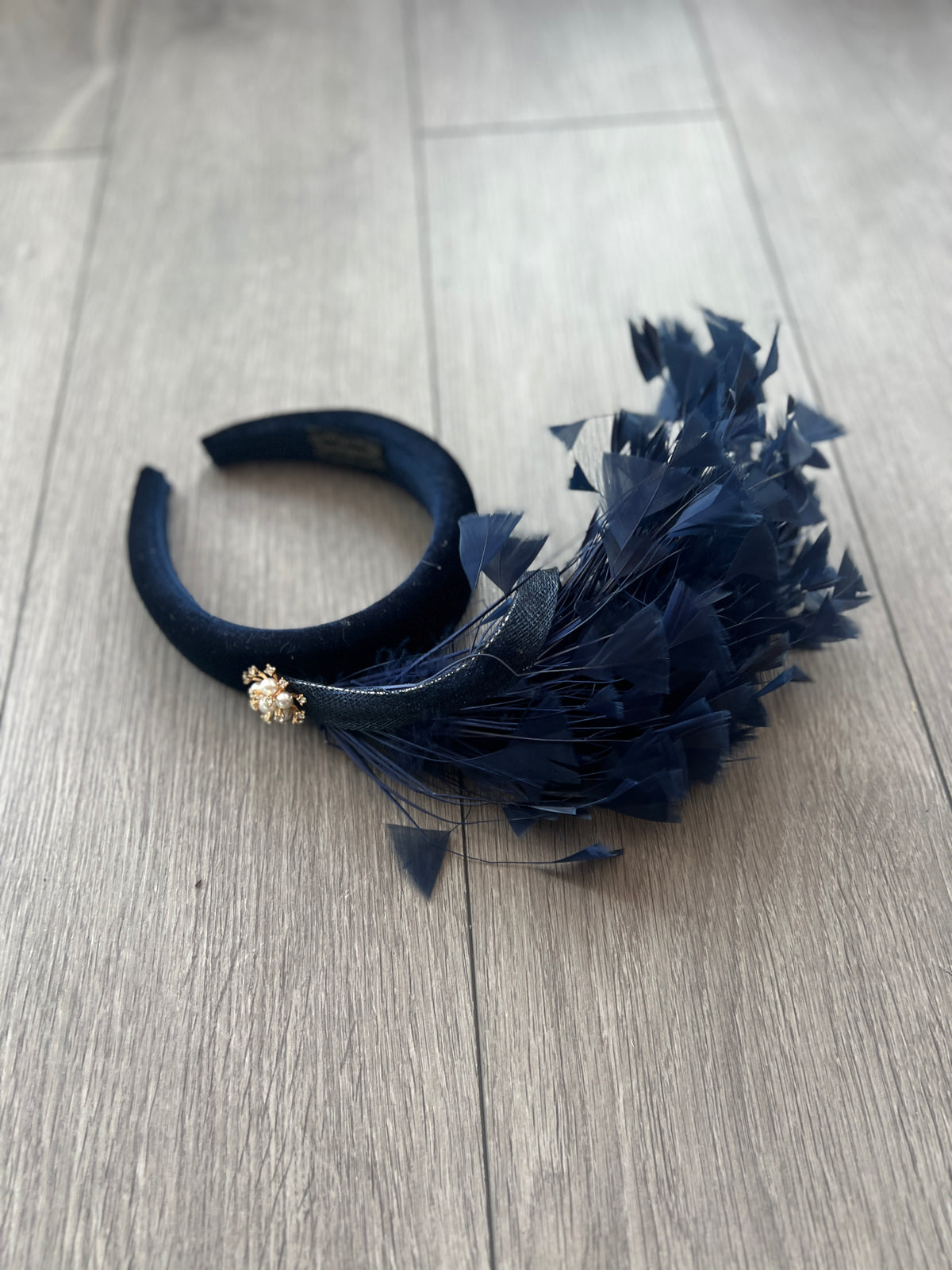 Navy Feather Velvet Padded Headband Fascinator With Diamante &amp; Pearl Cluster