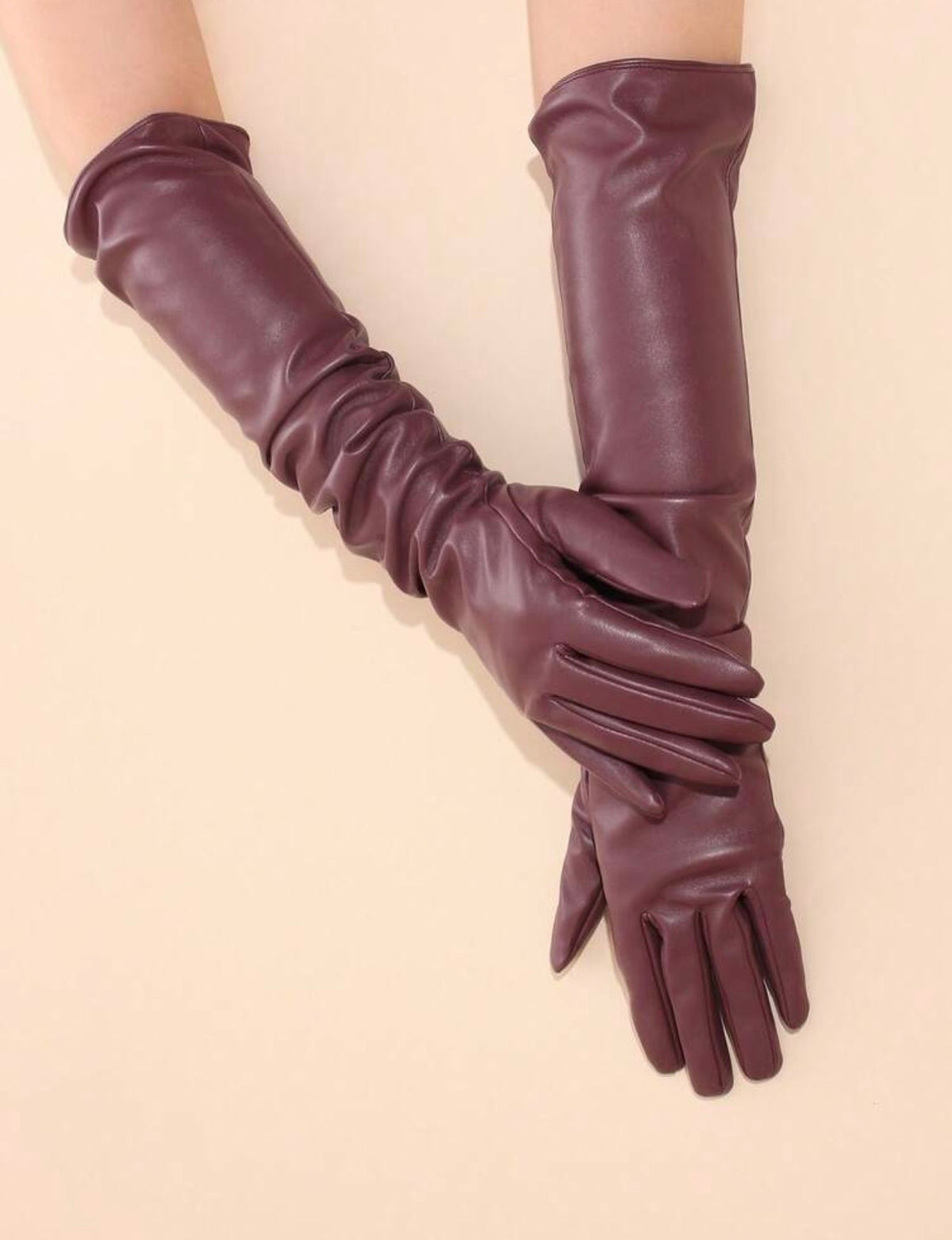 Burgundy Long Faux Leather Gloves