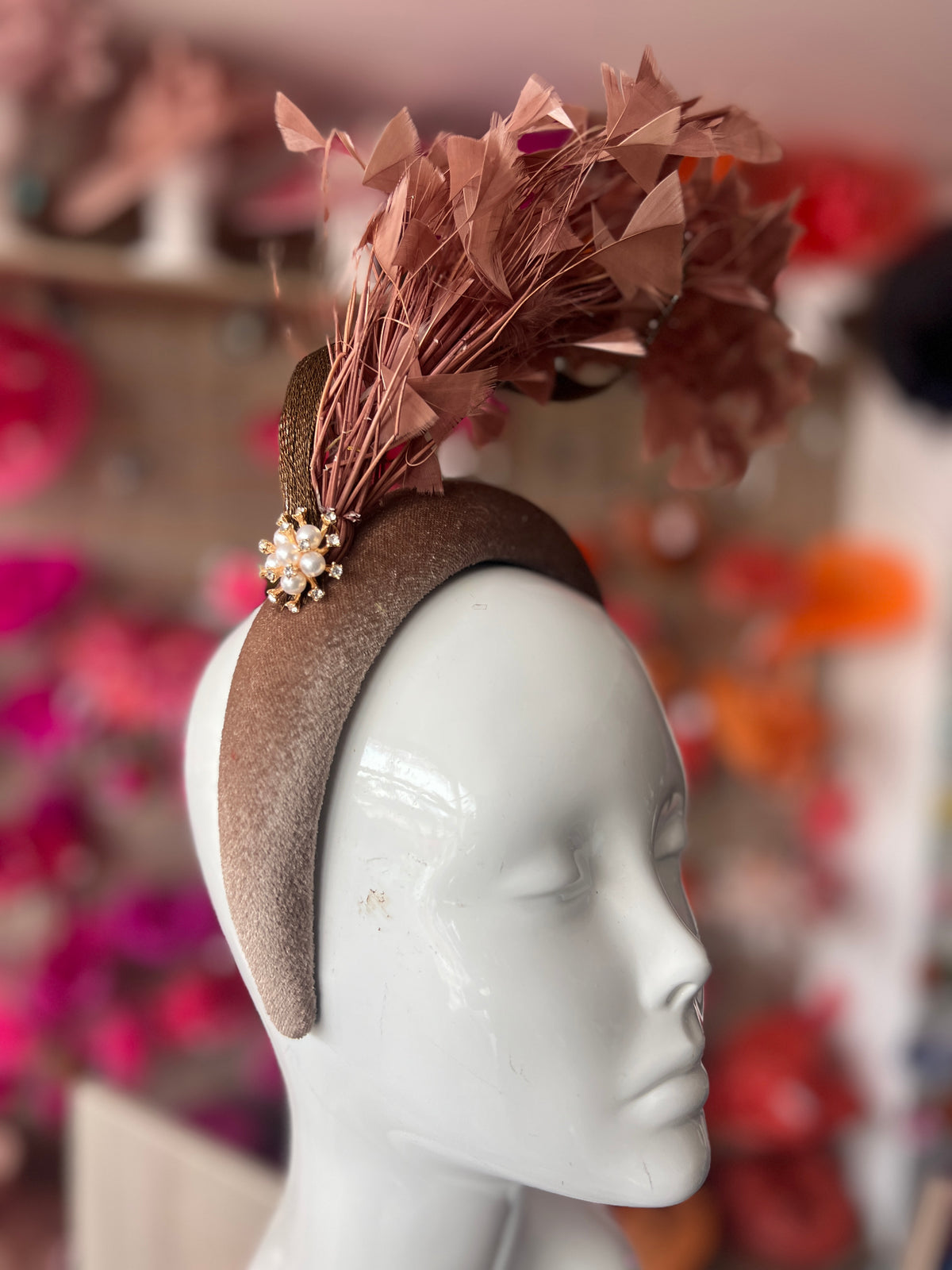 Brown Feather Velvet Padded Headband Fascinator With Diamante &amp; Pearl Cluster