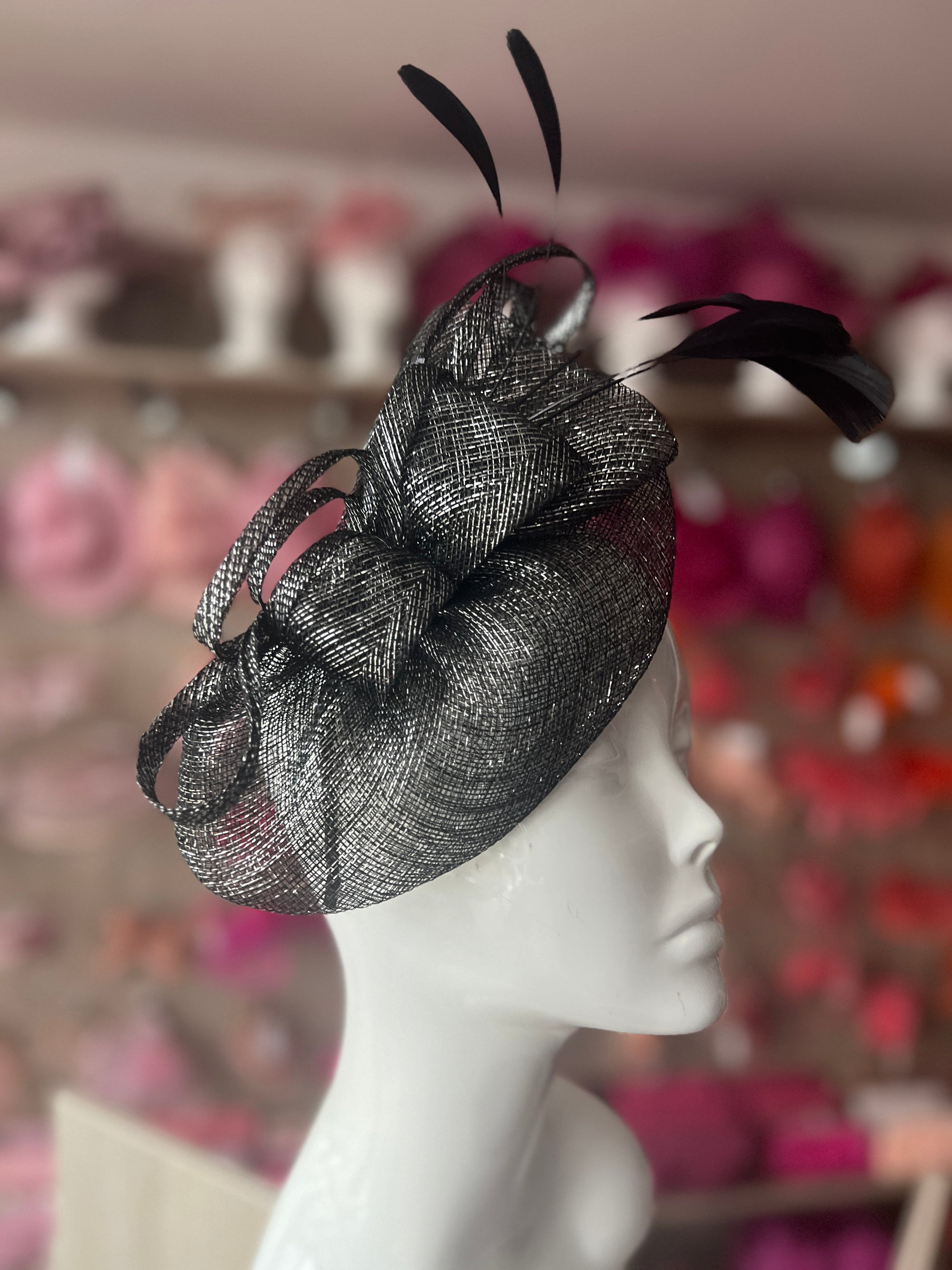 Black Metallic Fascinator With Oval Base