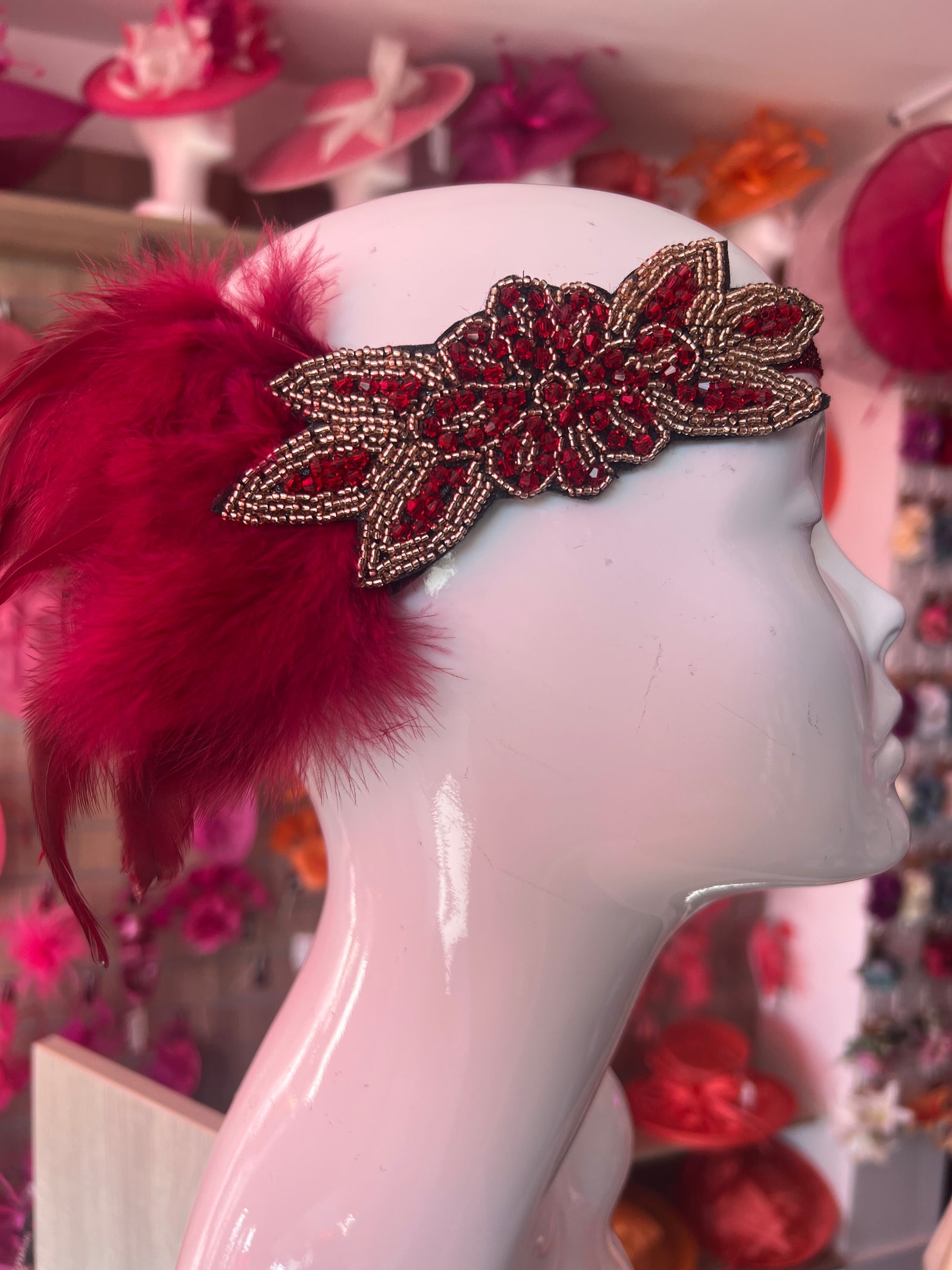 1920's Style Feather Flapper Headpiece - Burgundy-Fascinators Direct