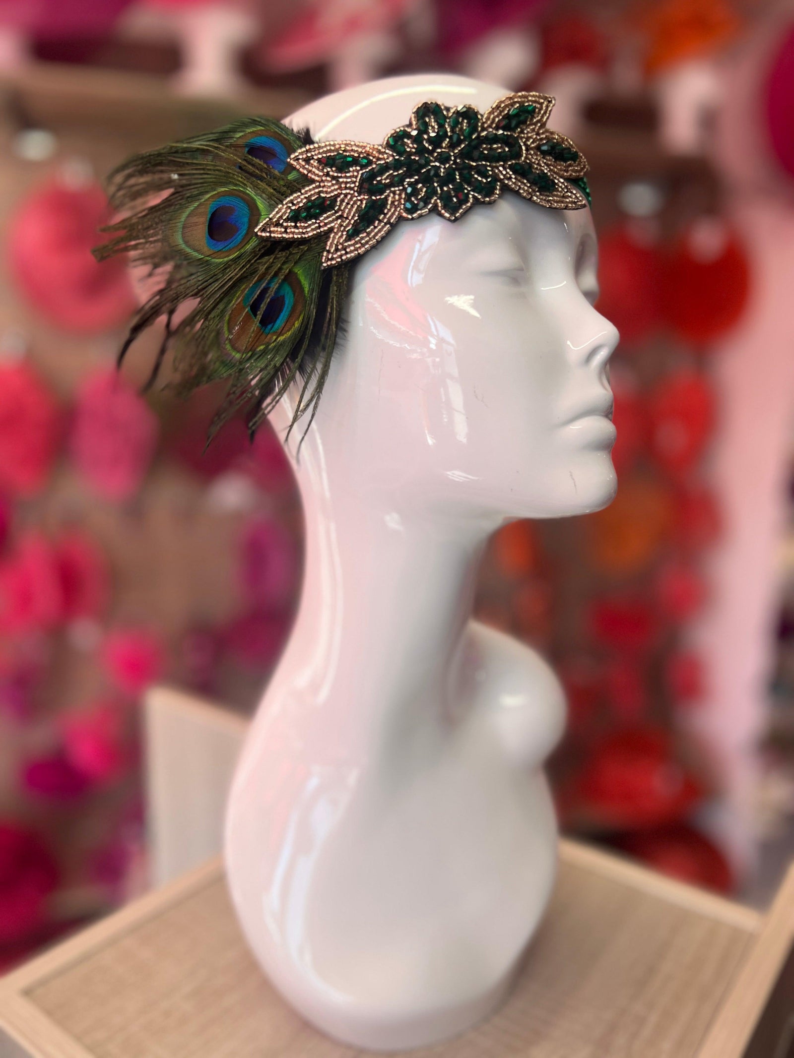 1920's Style Peacock Feather Flapper Headpiece - Green-Fascinators Direct