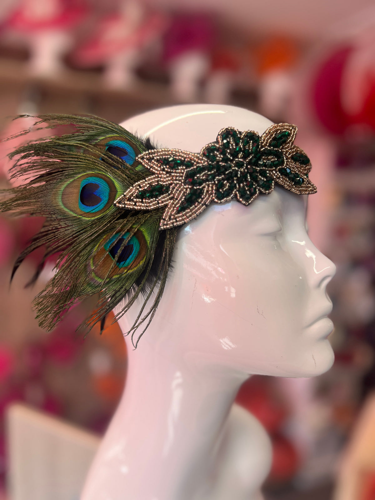 1920's Style Peacock Feather Flapper Headpiece Green