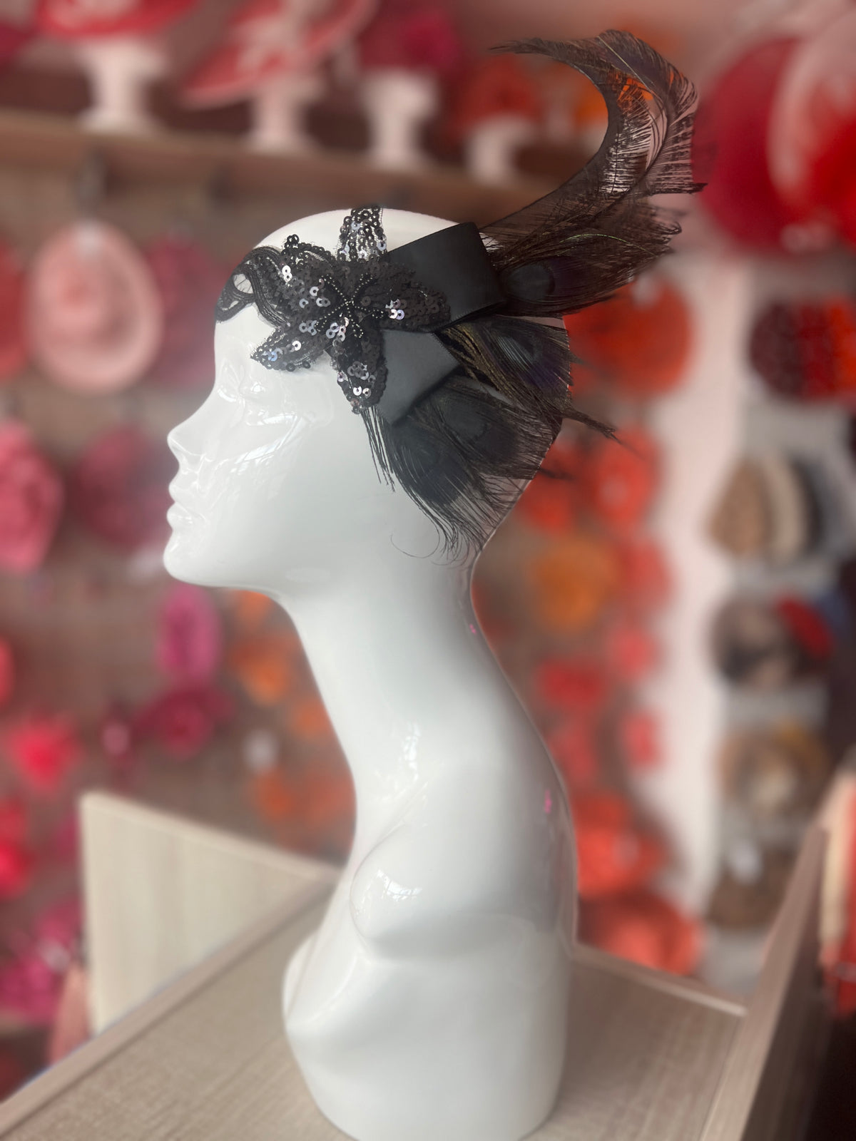 1920&#39;s Style Peacock Feather Flapper Headpiece With Sequins - Brown-Fascinators Direct