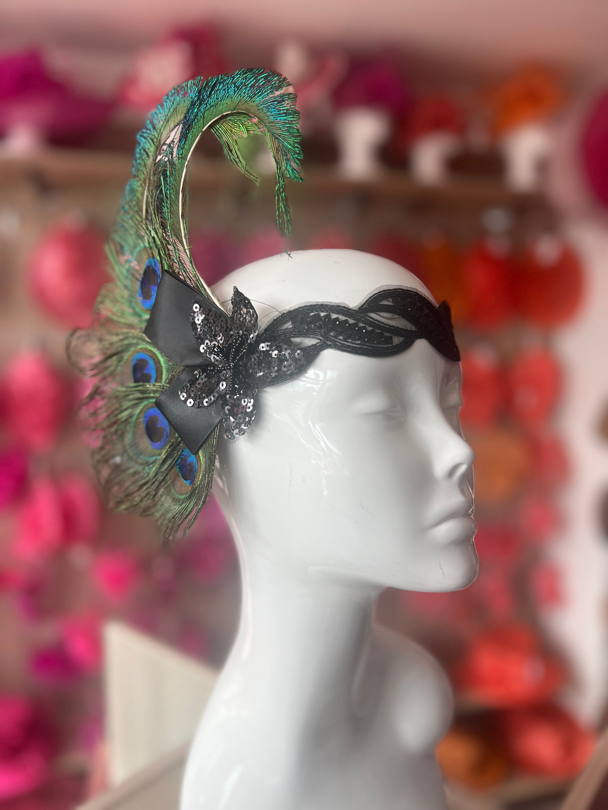 1920&#39;s Style Peacock Feather Flapper Headpiece With Sequins - Green-Fascinators Direct
