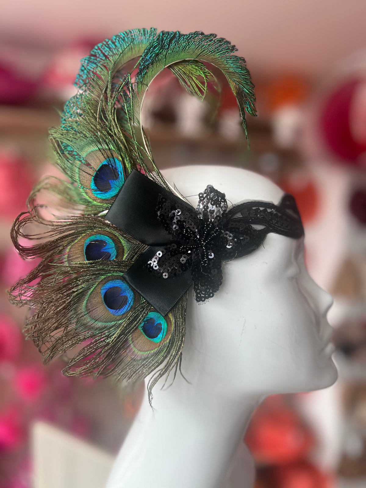 1920&#39;s Style Peacock Feather Flapper Headpiece With Sequins - Green-Fascinators Direct