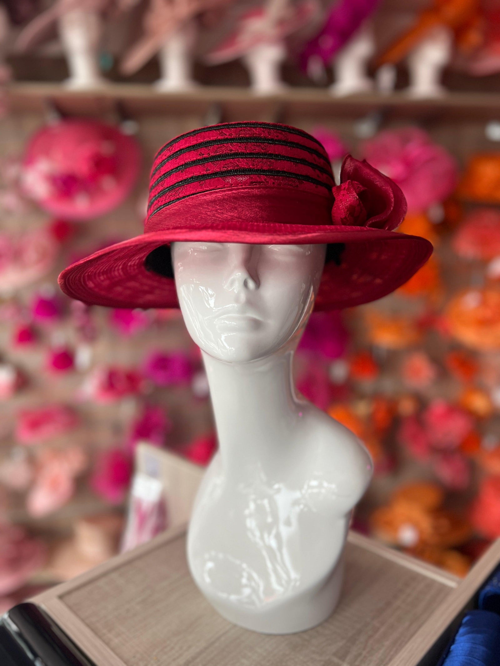 Dark Red Crinoline Hat With Chiffon Bow & Beads