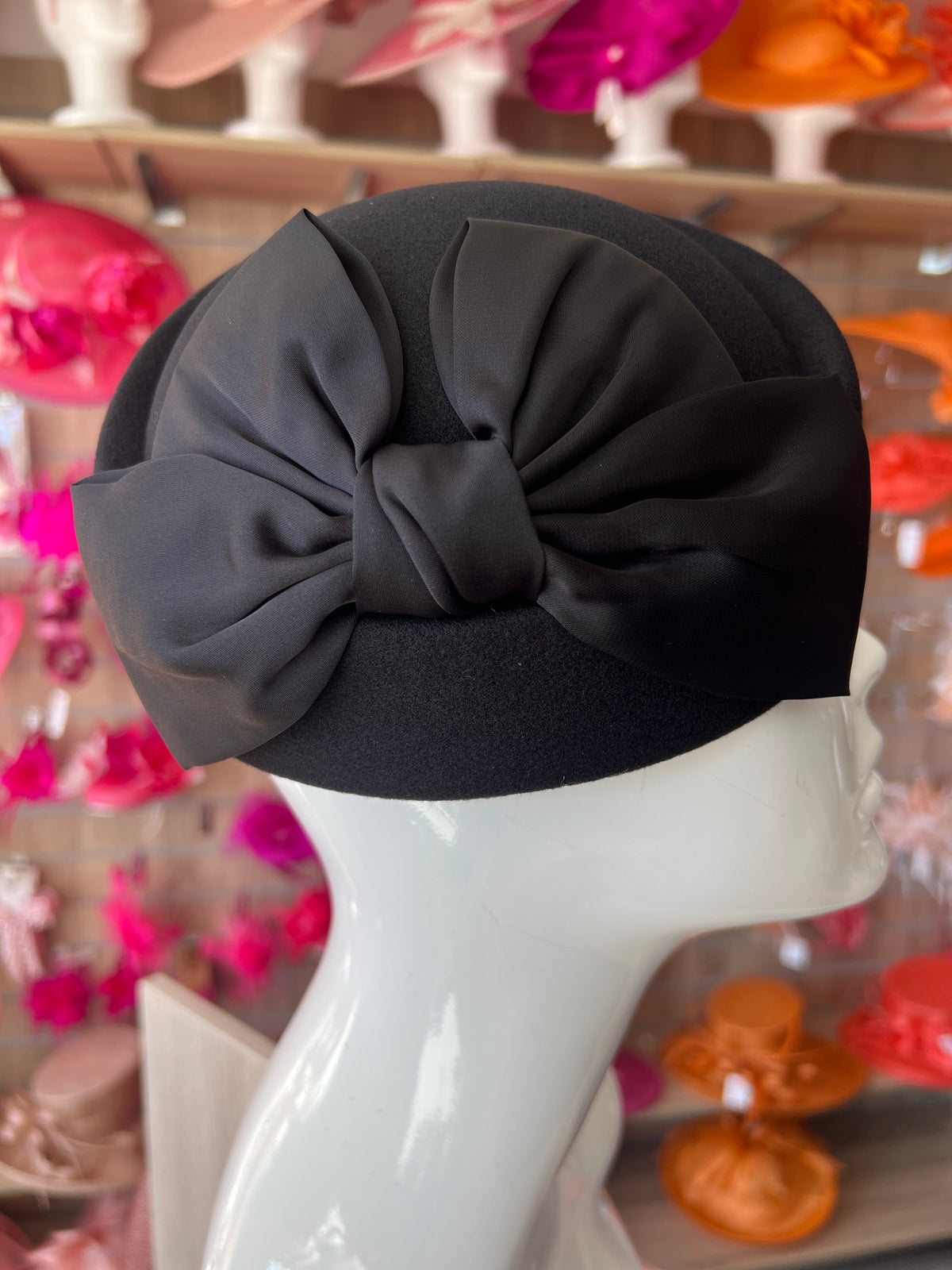 Vintage Black Felt Pillbox Hat Fascinator With Satin Bow