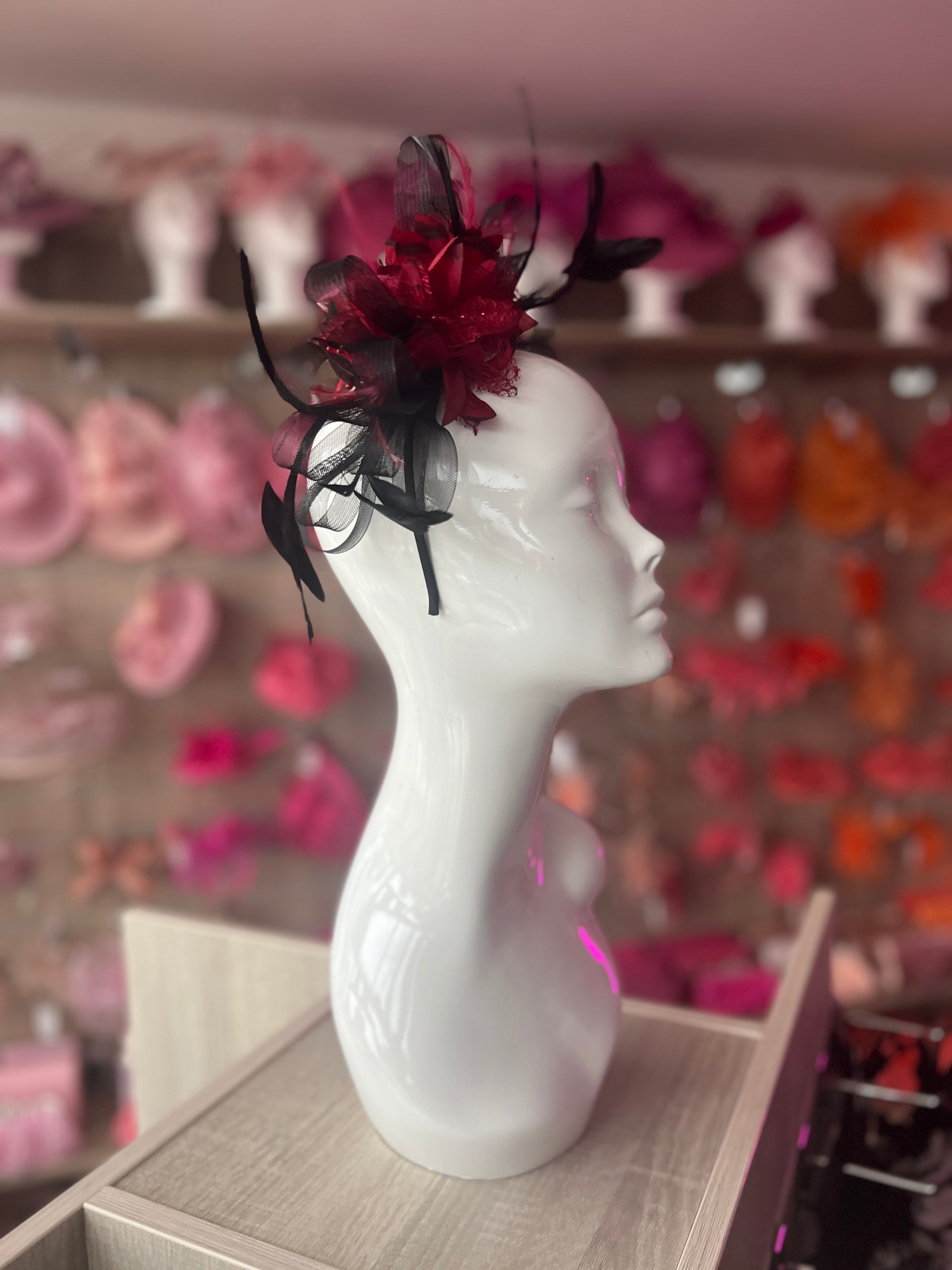 Headband Burgundy & Black Fascinator With Flower & Loops