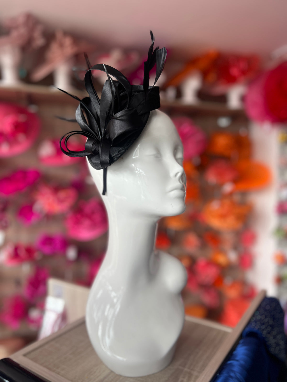 Black Fascinator Headband With Looped Satin &amp; Feathers