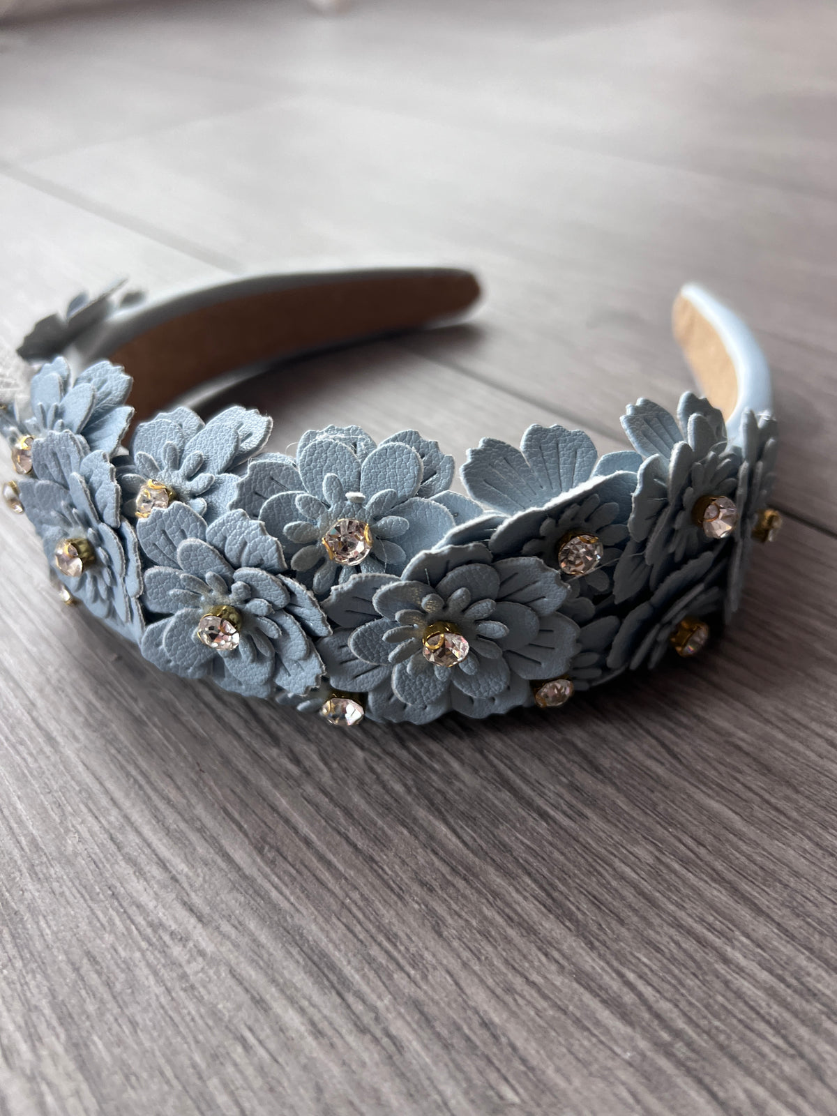 Cornflower Blue Headband With Faux Leather Lazer Cut Flowers &amp; Crystals