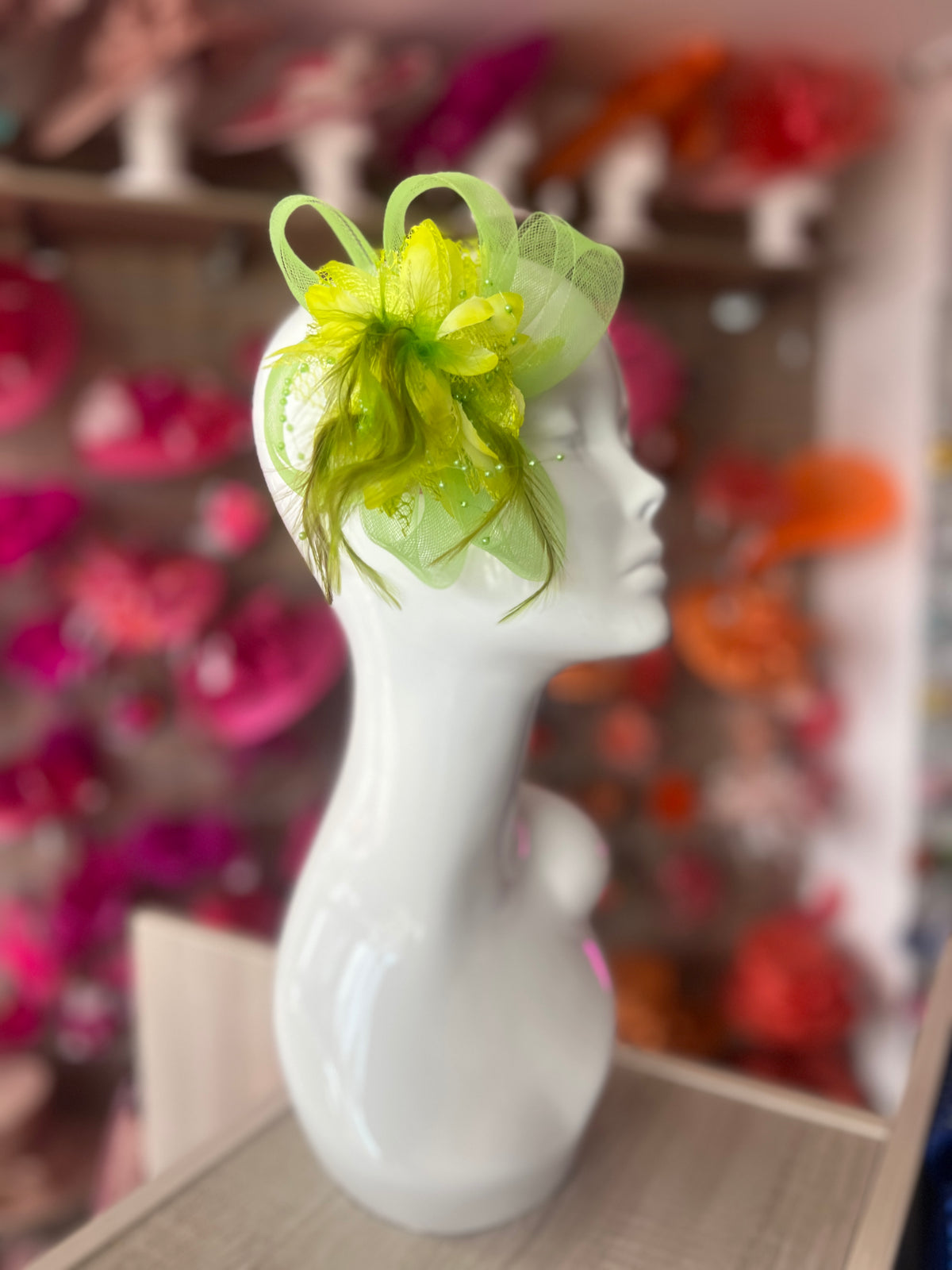 Clip In Citrus Green Hair Fascinator with Flower &amp; Loops