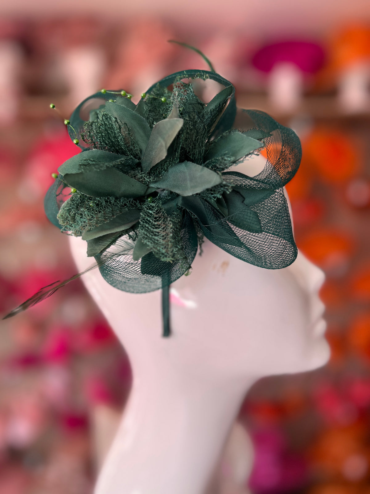 Clip In Bottle Green Hair Fascinator with Flower &amp; Loops