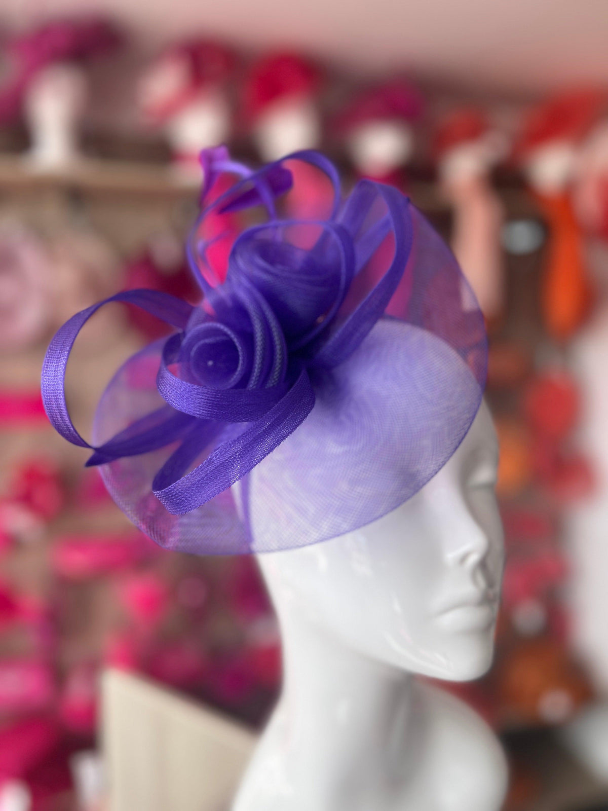 Purple Crinoline Saucer Fascinator With Loops &amp; Feathers