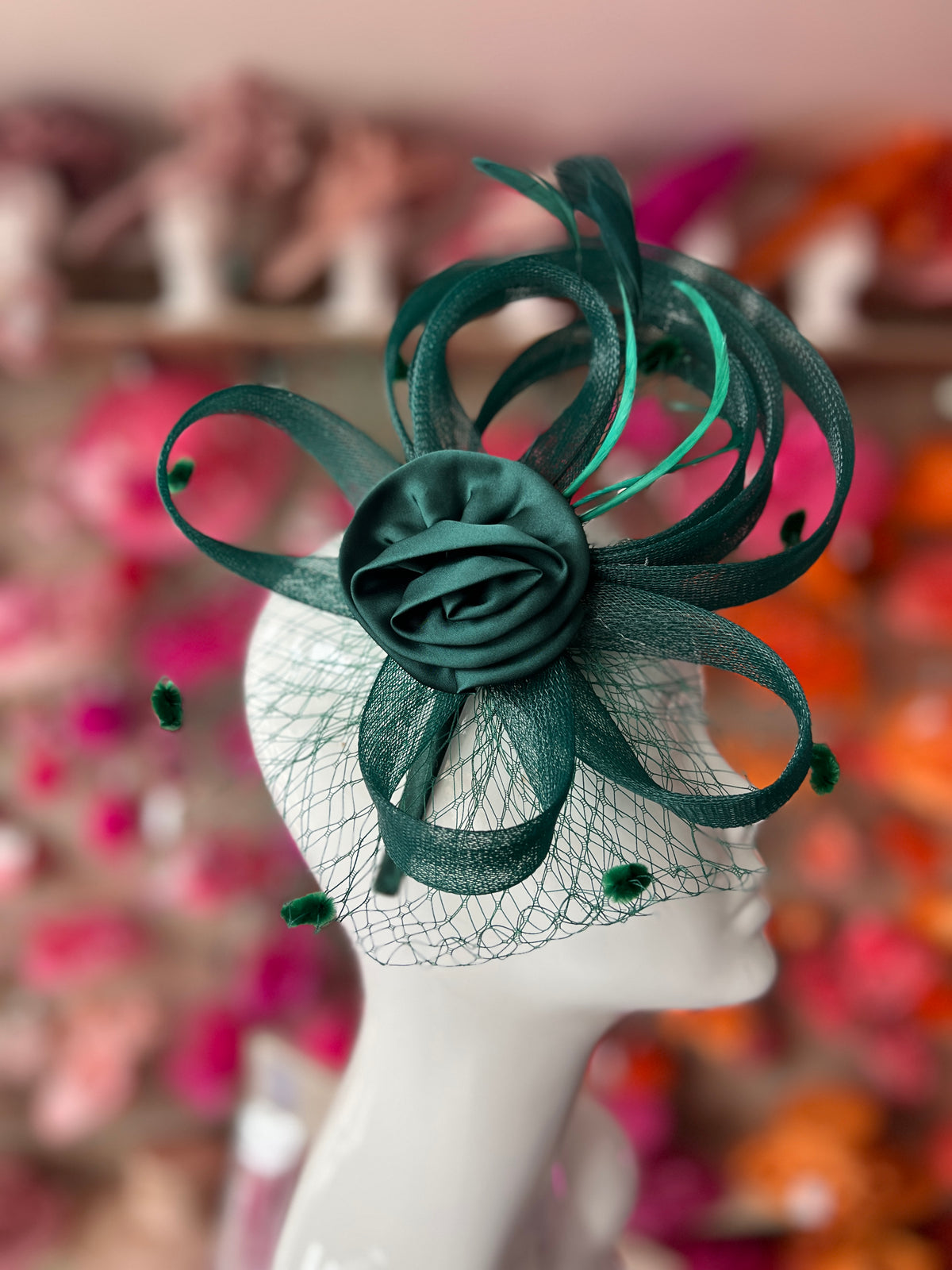 Bottle Green Flower Fascinator With Netting &amp; Feathers