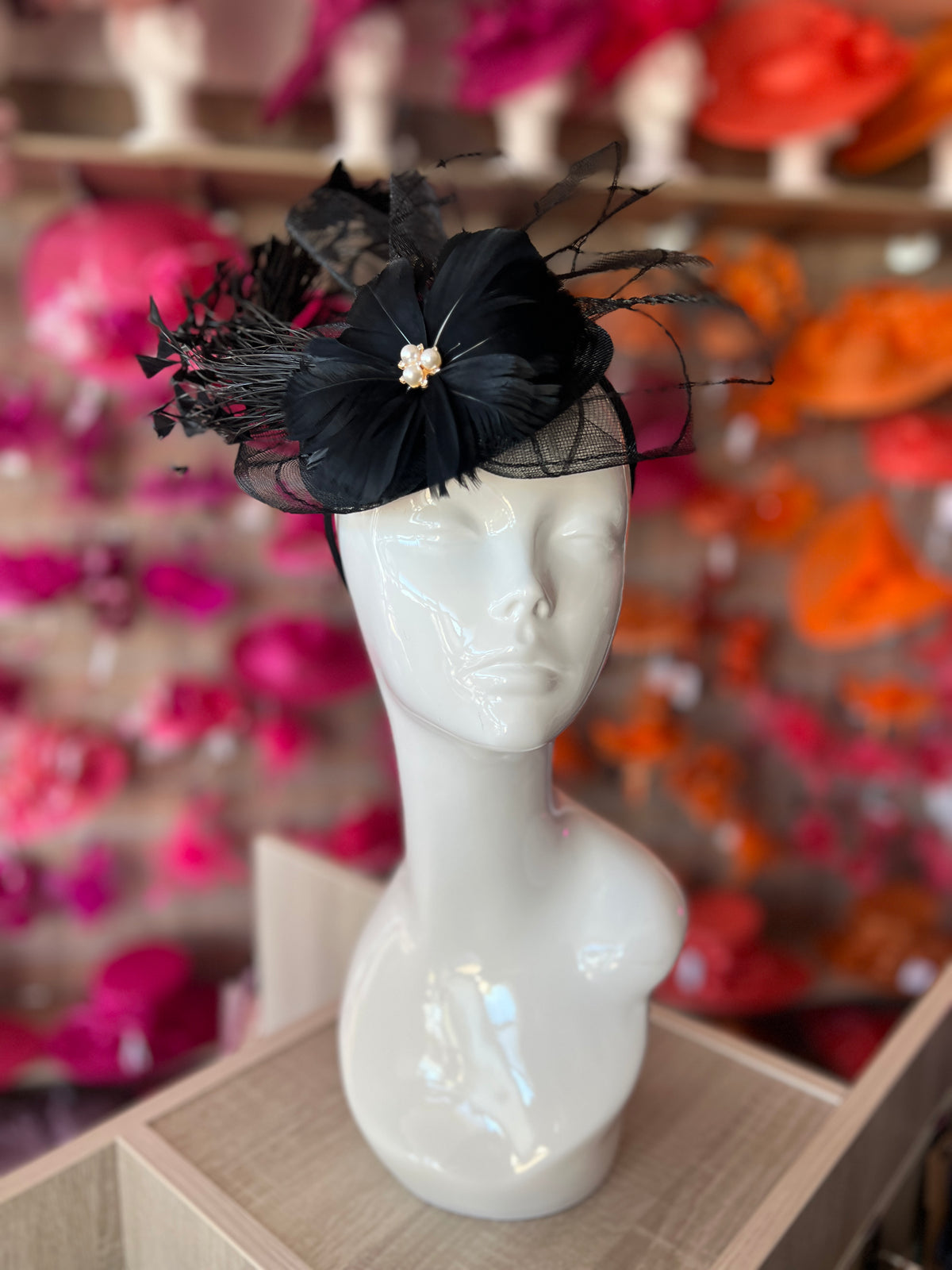 Black Pillbox Fascinator With An Array Of Feathers &amp; Feather Flower With Pearl Detail