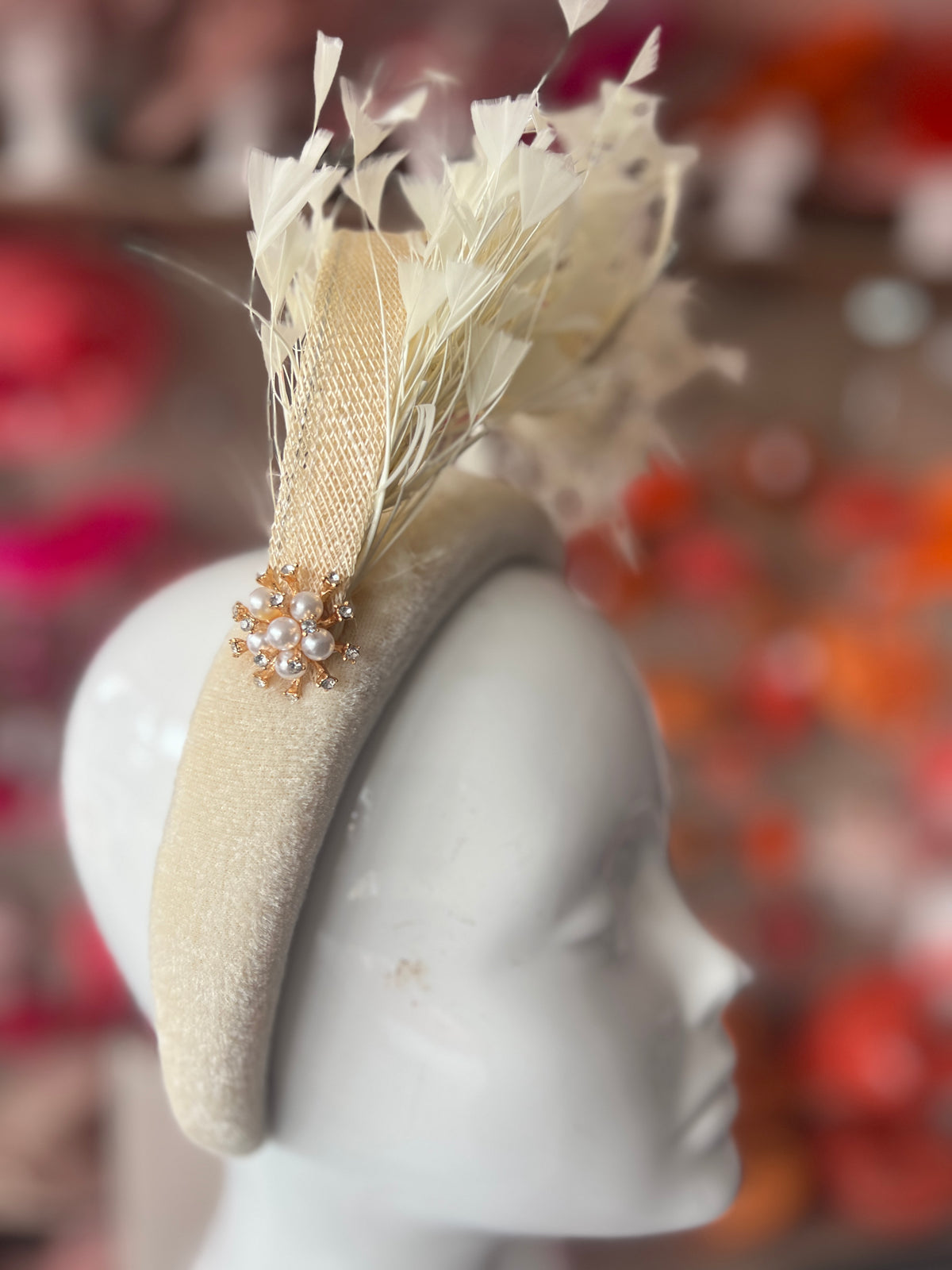 Cream Feather Velvet Padded Headband Fascinator With Diamante &amp; Pearl Cluster