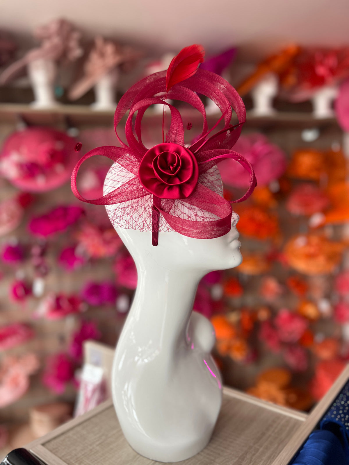 Burgundy Flower Fascinator With Netting &amp; Feathers