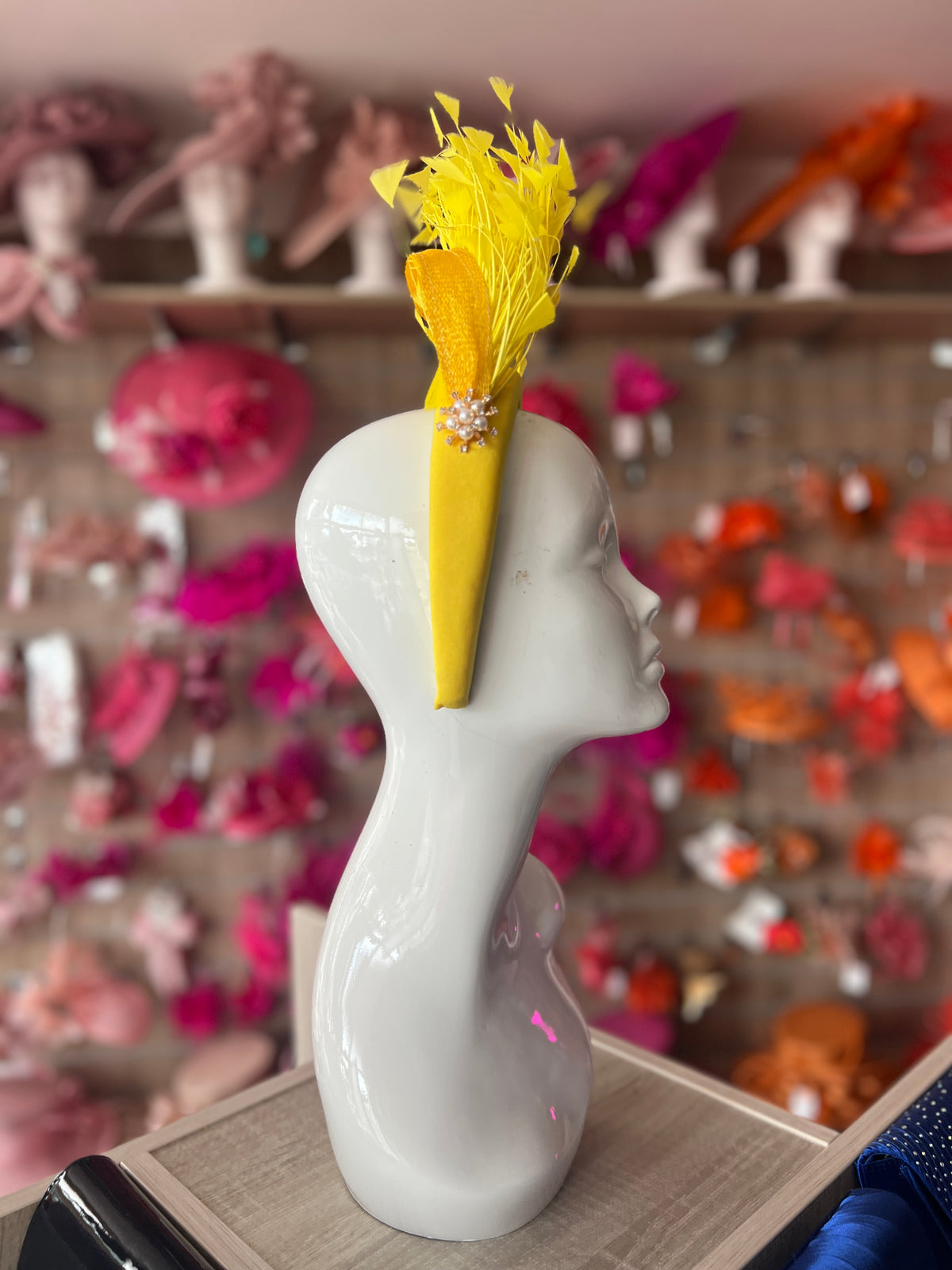 Yellow Feather Velvet Padded Headband Fascinator With Diamante &amp; Pearl Cluster