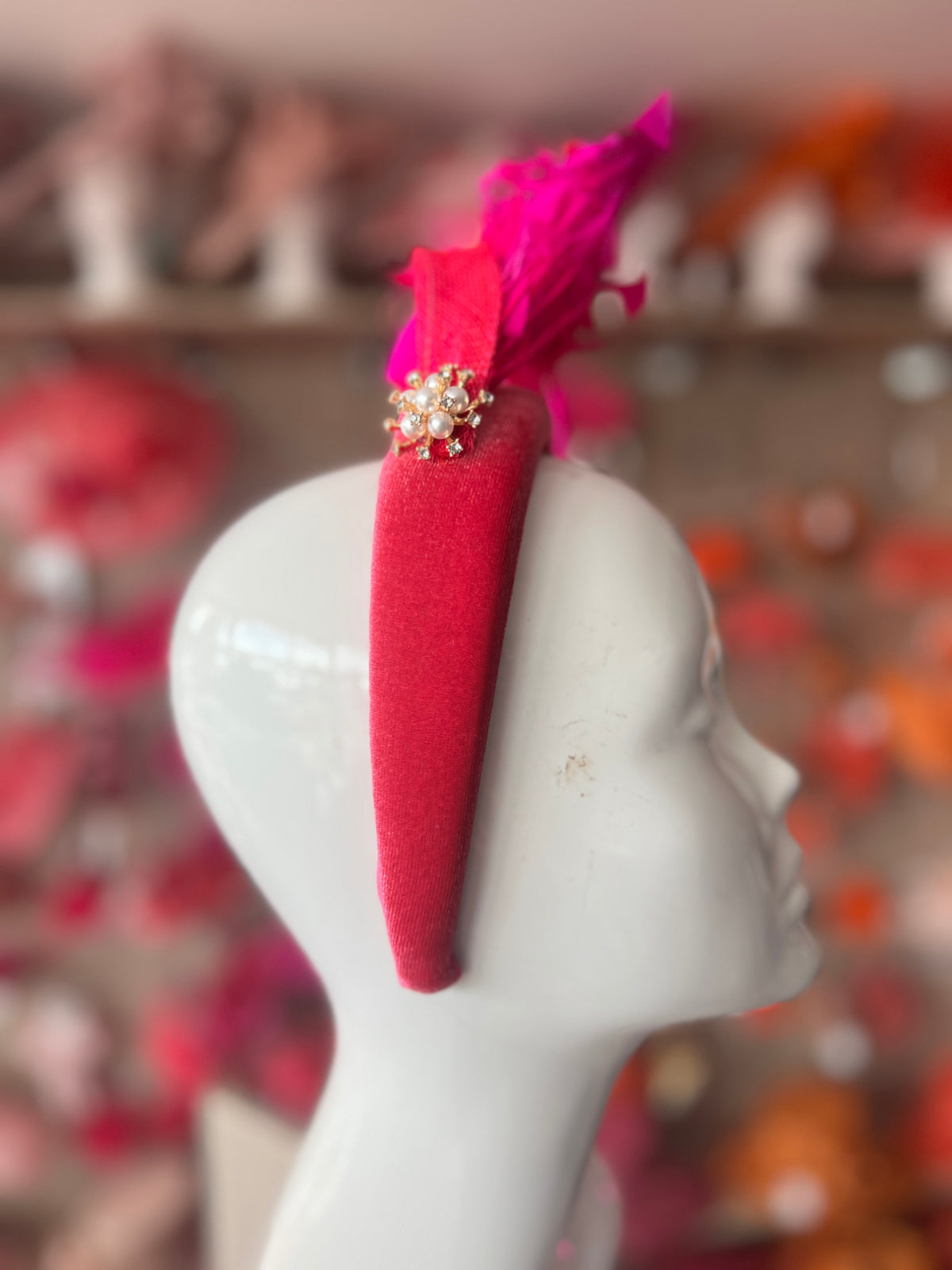 Fuchsia Feather Velvet Padded Headband Fascinator With Diamante &amp; Pearl Cluster