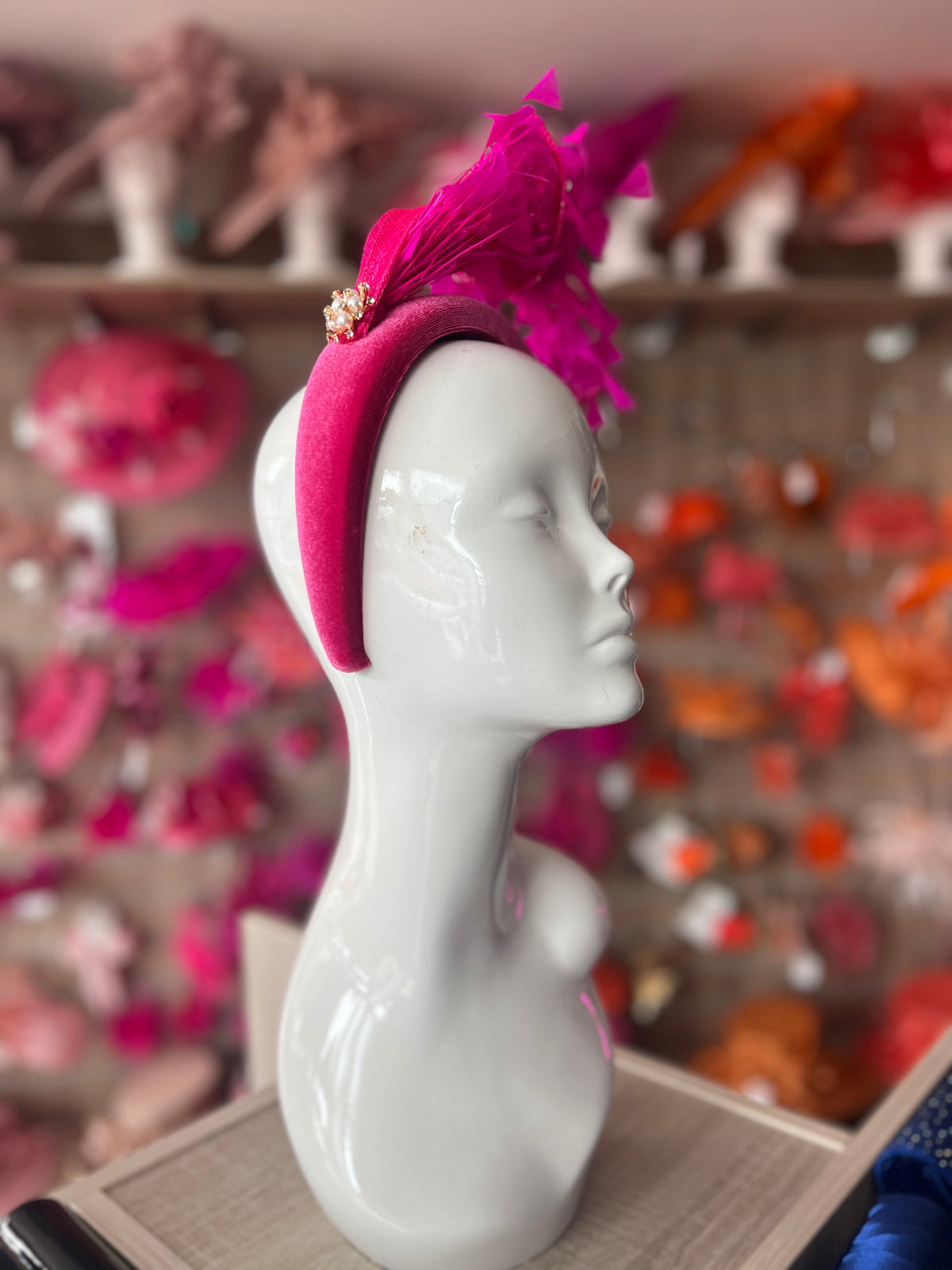 Fuchsia Feather Velvet Padded Headband Fascinator With Diamante &amp; Pearl Cluster